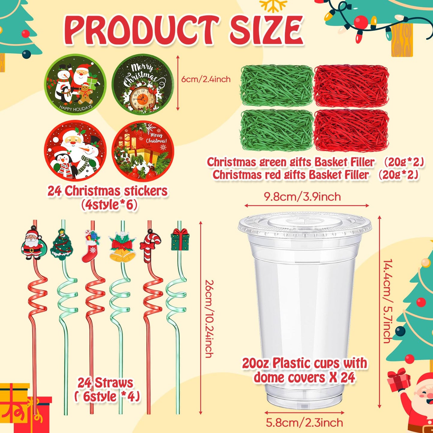 Vesici 124 Pcs Christmas Plastic Cups Bulk with Lids Straws Stickers Raffia Snowman Santa Claus Plastic Cups Xmas Disposable Clear Mugs Party Favor Holiday Birthday Wedding Party Supplies, 24 Sets