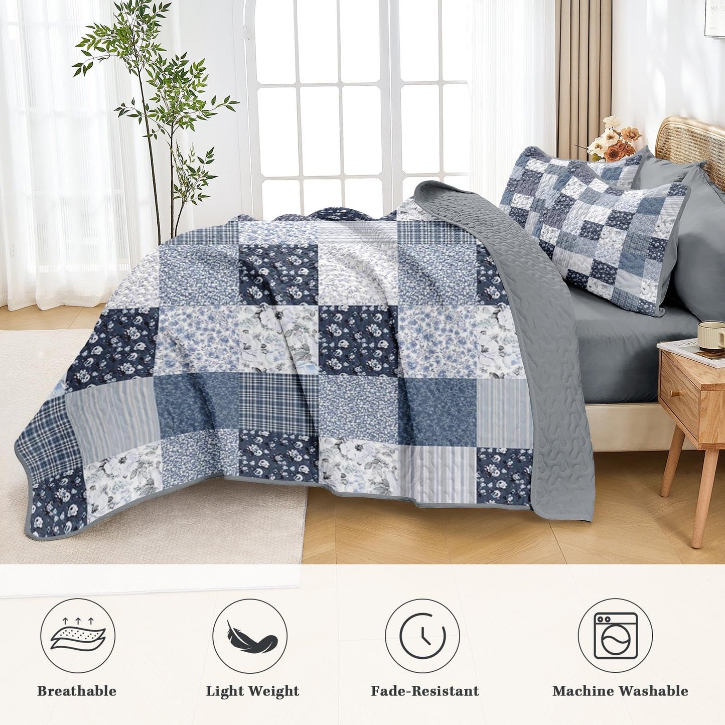 Pamnest Patchwork Quilt Set Queen Size, Floral Boho 3 Pcs Soft Bed Cover Bedding Set, Rustic Blue Farmhouse Lightweight Bedspread Coverlet with 2 Pillow Shams for All Season
