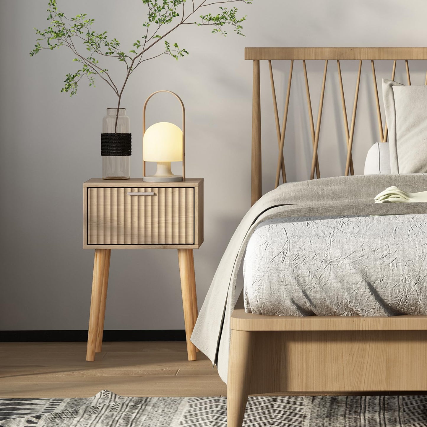 LAATOOREE Nightstands Set of 2, Small Side Table, Bedside Table with Fluted Door, Solid Wood Feet; Modern Mid-Century End Table for Bedroom, Small Space (Natural)