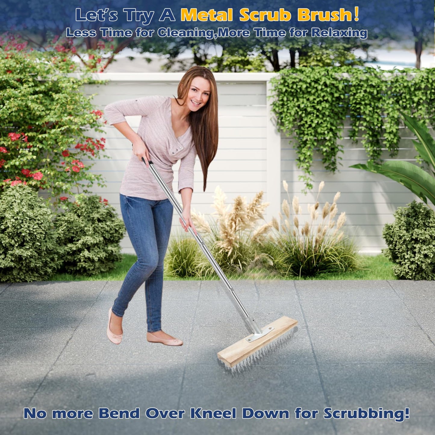 ROLKAR Floor Scrub Brush, Deck Brushes for Scrubbing Heavy Duty, Concrete Scrubber Outdoor Broom, Metal Wire Pool Brush Stainless Steel, Garage Patio Gunite Tile Algae Moss Cleaning Tool Long Handle