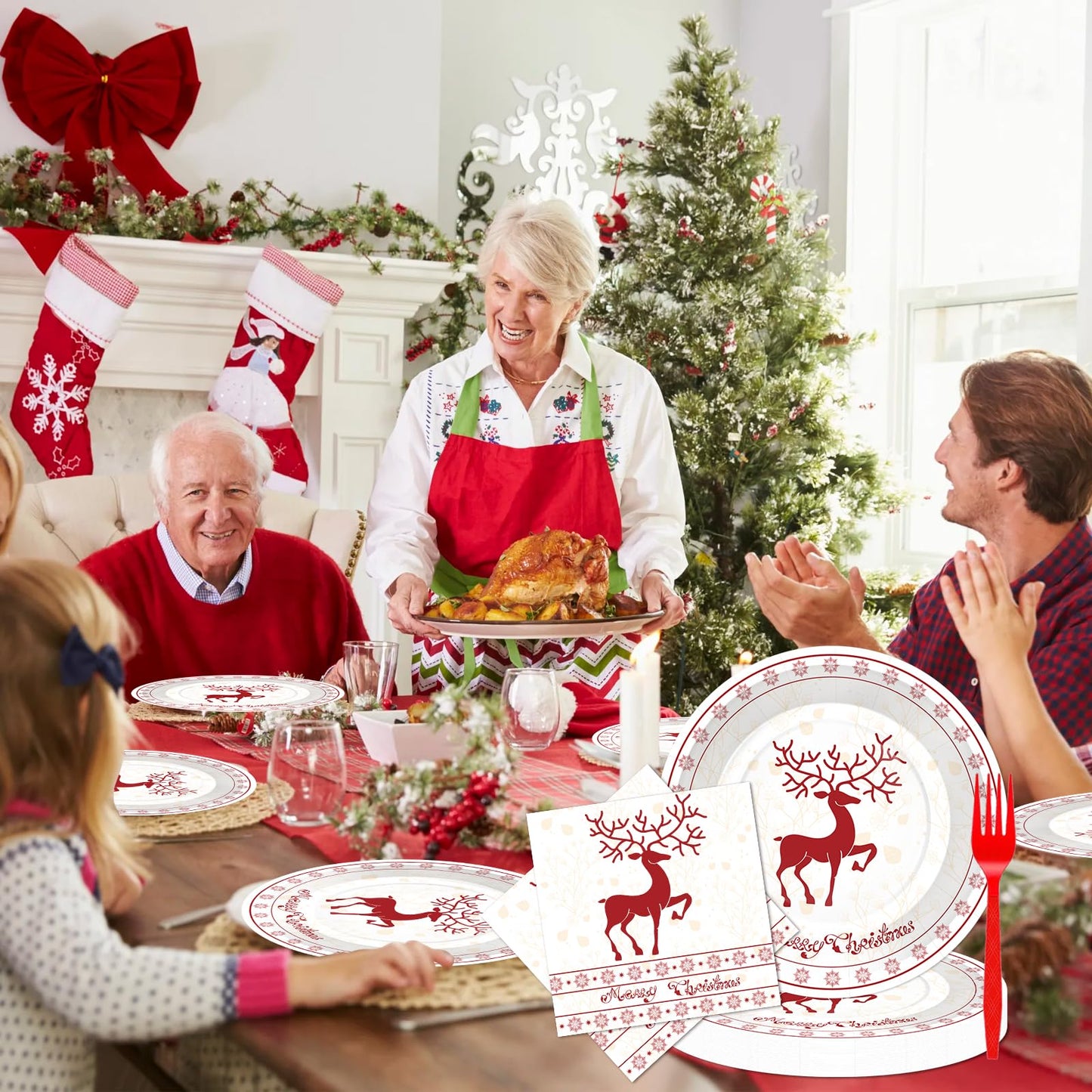 Xionpe 140-Pc Christmas Disposable Tableware Set for 20 Guests - Reindeer Themed Party Supplies with Dinner Plates, Dessert Plates, Napkins, Cups, Forks, Knives & Spoons