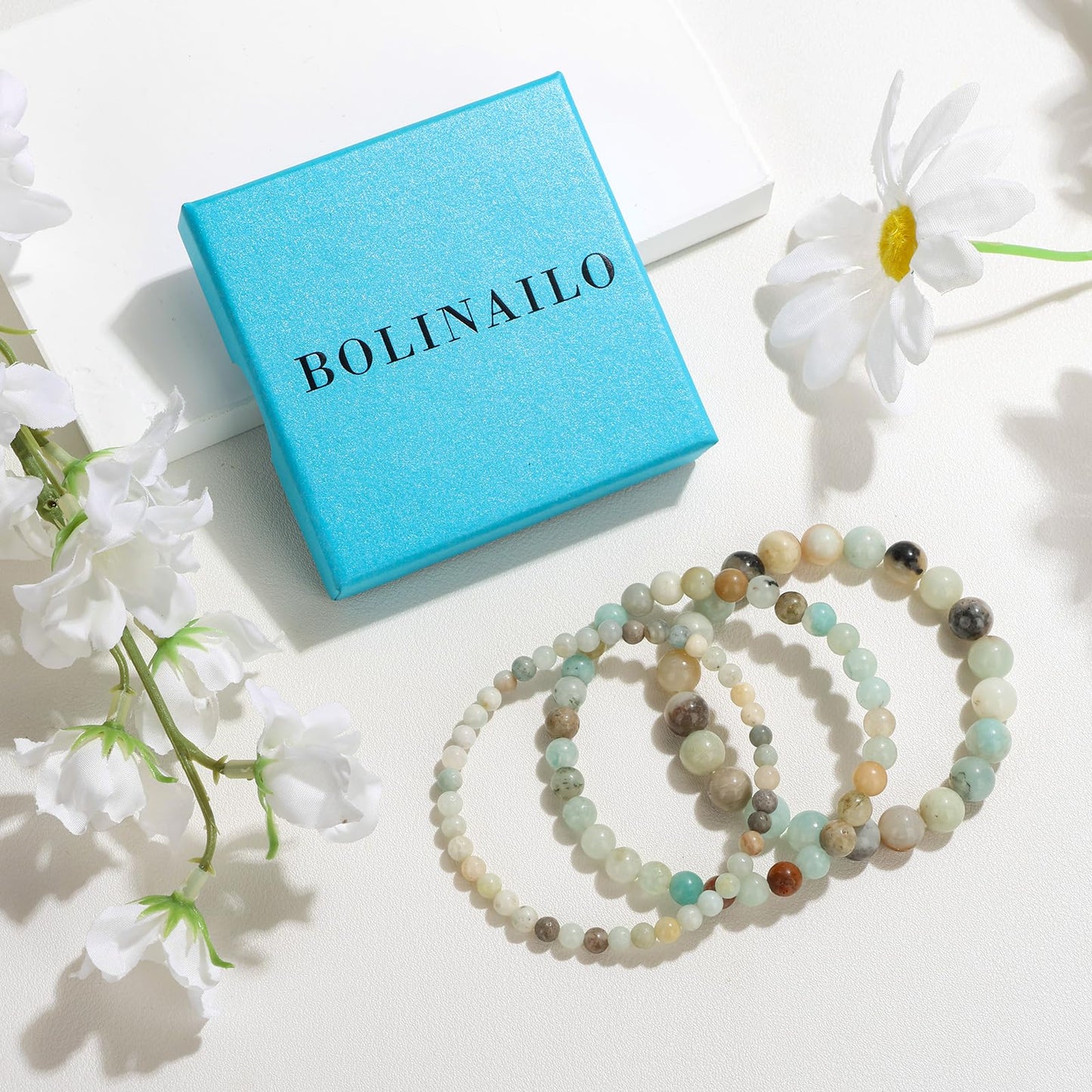 Bolinailo 3Pcs Natural Healing Crystal Bracelets for Women Men, 4mm 6mm 8mm Beaded Stretch Bracelet Set, Amazonite Natural Stone Gemstone Jewelry Gifts for Meditation, Reiki & Yoga