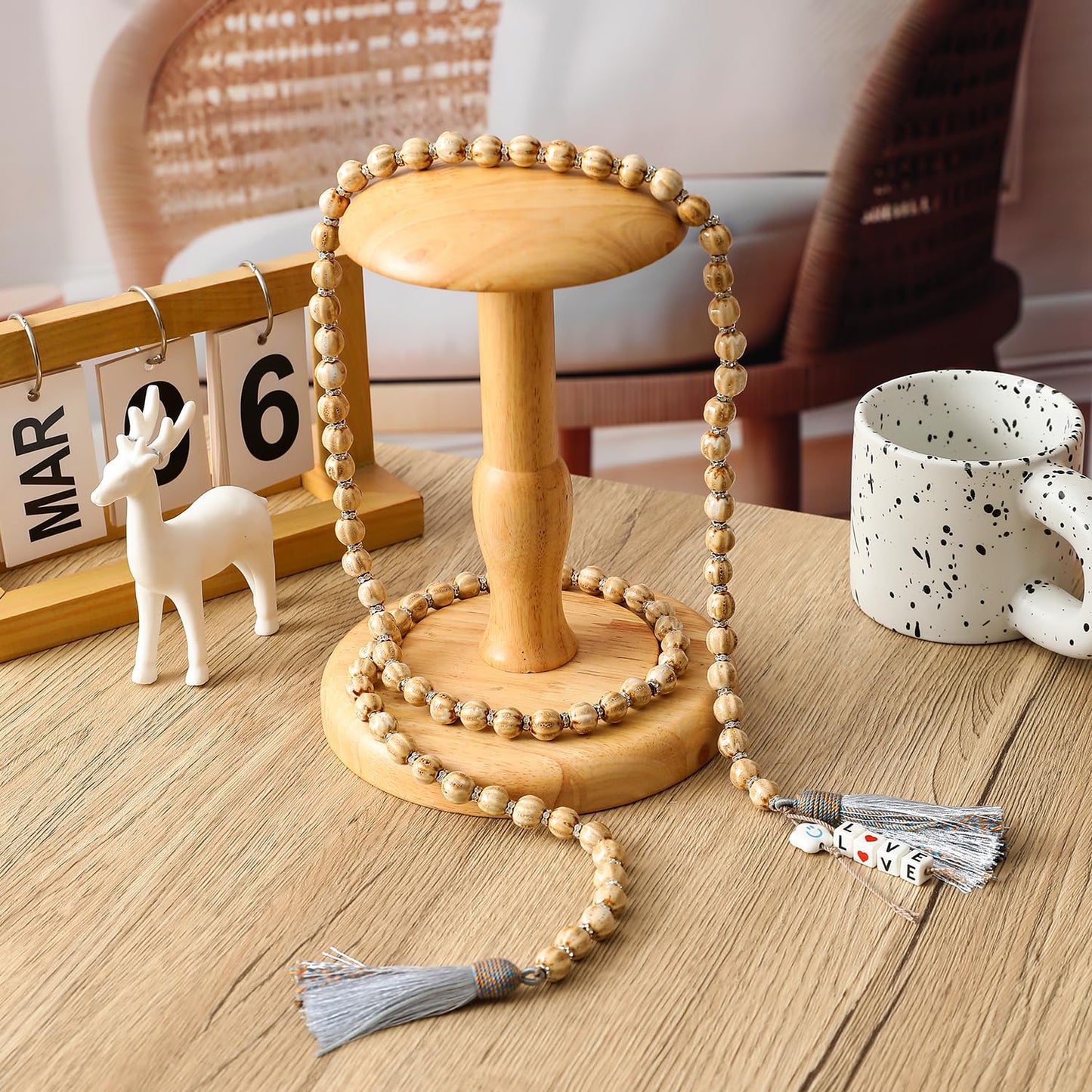 50in Handcrafted Ceramics Beads Garland with Tassels Farmhouse Rustic Ceramic Prayer Bead String Wall Hanging Accent for Boho Home Festival Decor Beige Bead