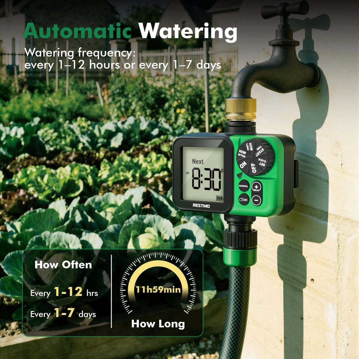 RESTMO Oversized LCD Sprinkler Timer for Outdoor Hose Faucet, Up to 11h59m Programmable Watering Timer for Soaker Hose, Filling, Misting with Brass Inlet, Rain Delay/Manual/Automatic Irrigation System