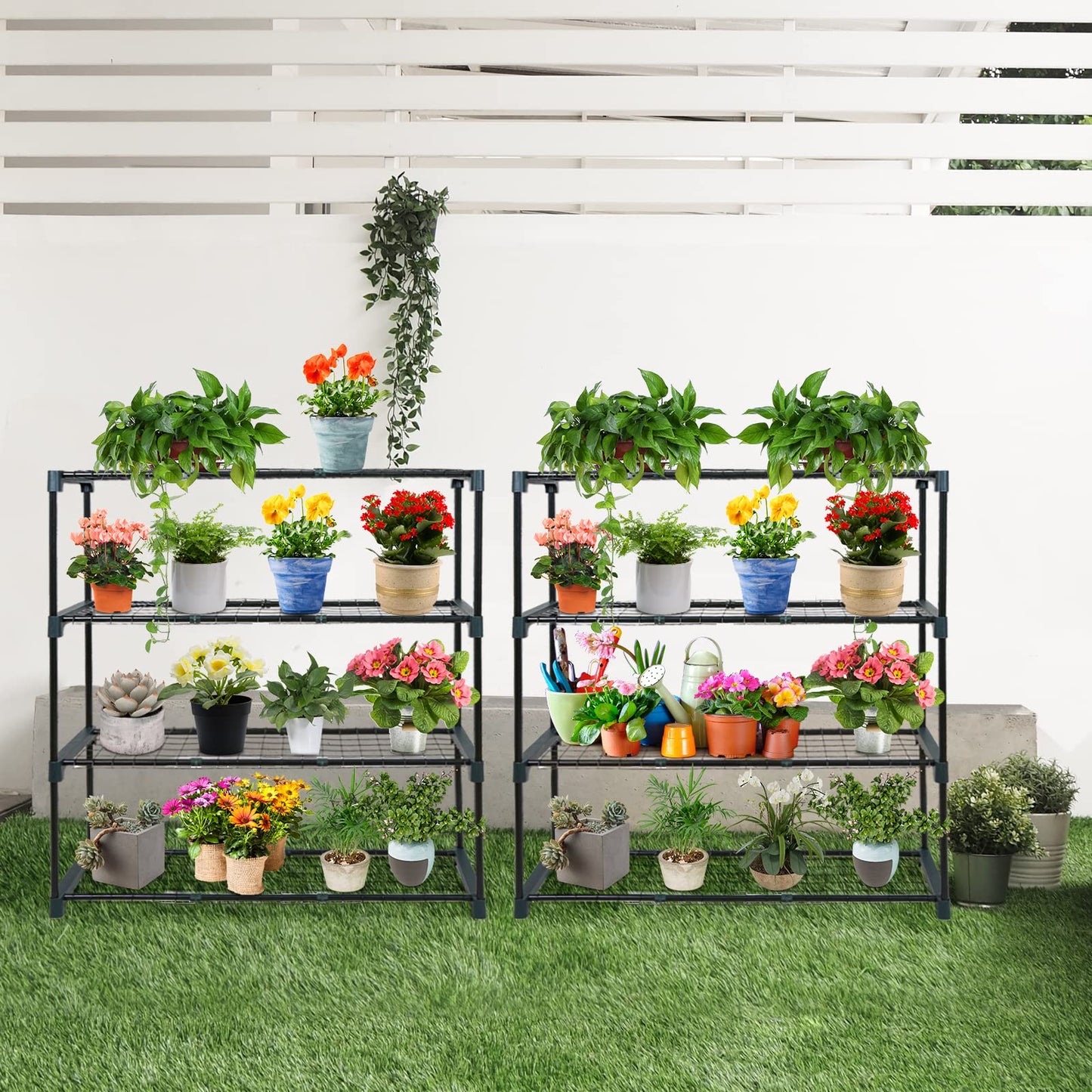 EAGLE PEAK Greenhouse Shelving Staging Double 4 Tier, Outdoor/Indoor Plant Shelves, 35"x12"x42", Green