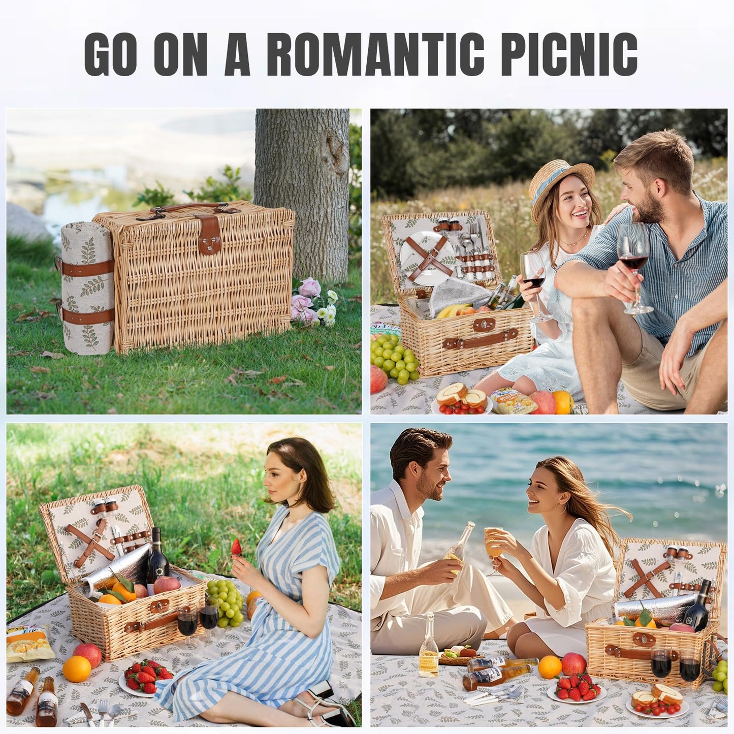 HappyPicnic Picnic Basket Set for 2 - Wicker Picnic Basket with Waterproof Blanket & Insulated Liner, Large Handmade Willow Hamper with Cutlery Kit for Outdoor, Picnic, Camping, Party, Holidays (Leaf)