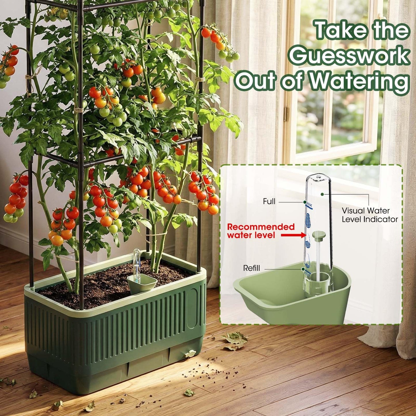 MQHUAYU 51" Self Watering Planter Box with Trellis, Tomato Planter Trellis for Raised Garden Bed, Tomato Cage with Visual Water Indicator, Indoor Outdoor Tomato Cages for Garden Patio