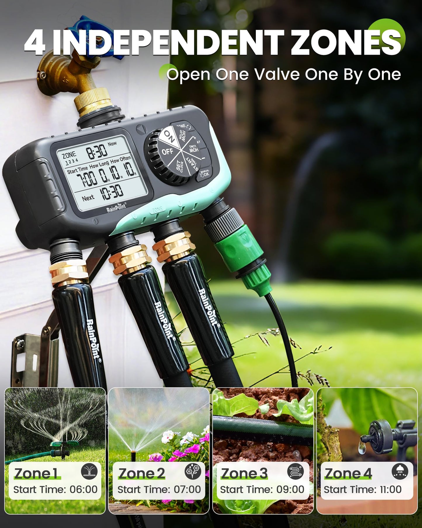RAINPOINT Sprinkler Timer 4 Zone, Water Timer for Garden Hose, for Soaker Hose with Rain Delay/Manual/Automatic Watering System, Digital Irrigation for Yard, Lawn Brass Inlet