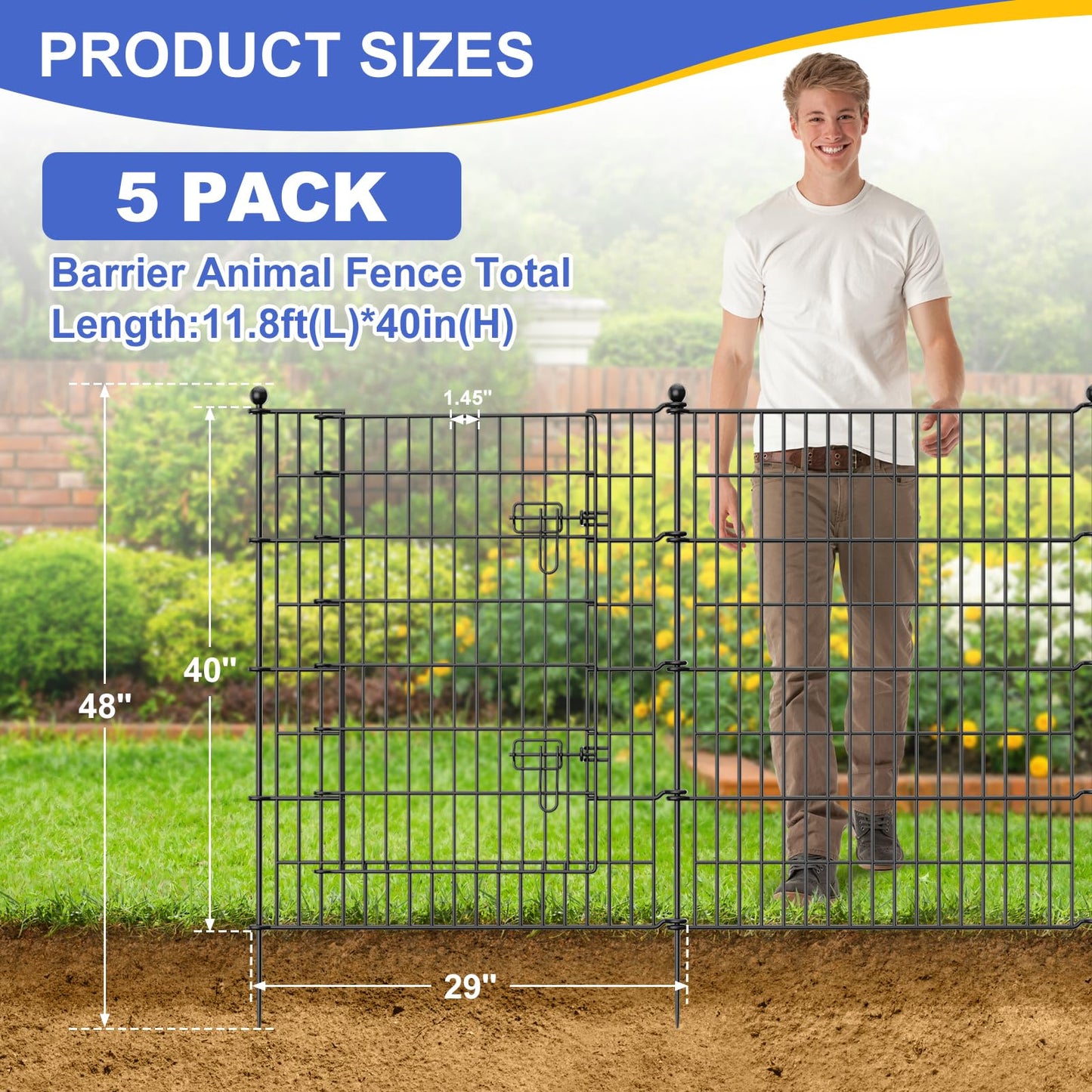 5 Panels No Dig Decorative Garden Fence with Gate, 40 in(H) X 11.8 ft(L) Outdoor Dog Rabbits Fence, Animal Barrier Pet Fencing Rustproof Metal Wire Panel Border for Yard, Patio, Flower Bed