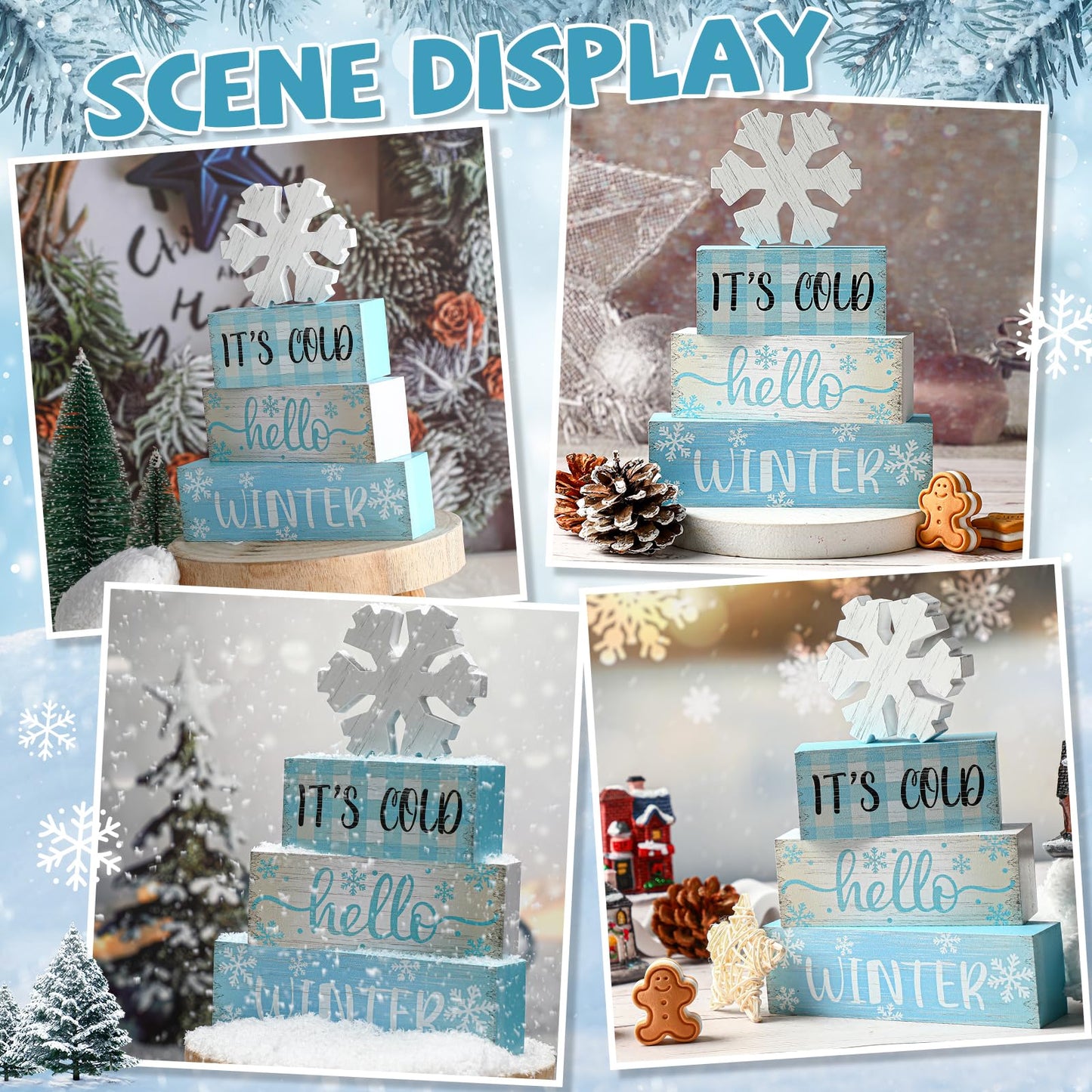 4 Pcs Christmas Winter Table Decorations,Rustic Winter Signs for Home Decor,Farmhouse Snowflake Home, Snowflake Tiered Tray Christmas Centerpiece, Wonderland Decor for Office, Shelf