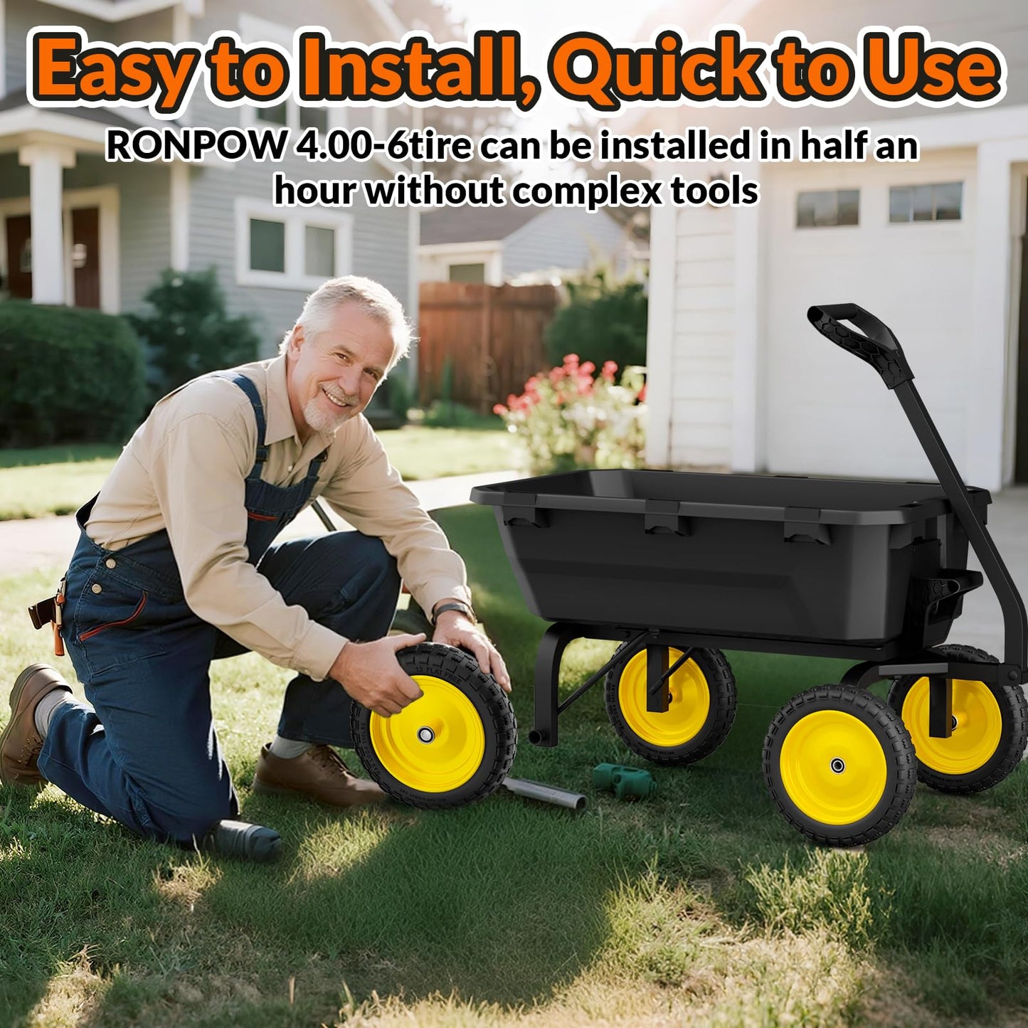 RONPOW 4.00-6 Flat Free Tire and Wheel, 13 Inch Solid Garden Wheelbarrow Tires, 300Lbs with 5/8" & 3/4" Axle Hole, 1"-3.5" Hub for Garden Cart, Wheelbarrow, Hand Truck, for Home Farm, 2Pcs Yellow