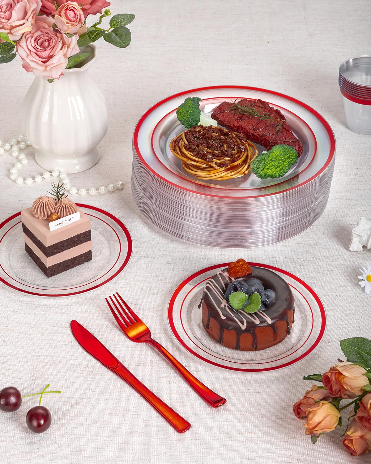 Goodluck 175 Pcs Red Plastic Plates, Clear Plastic Silverware Disposable Plates Set, Include 50 Plates, 25 Pack Pre Rolled Napkins with Silverware, 25 Cups for Party, Christmas, Graduation, Wedding