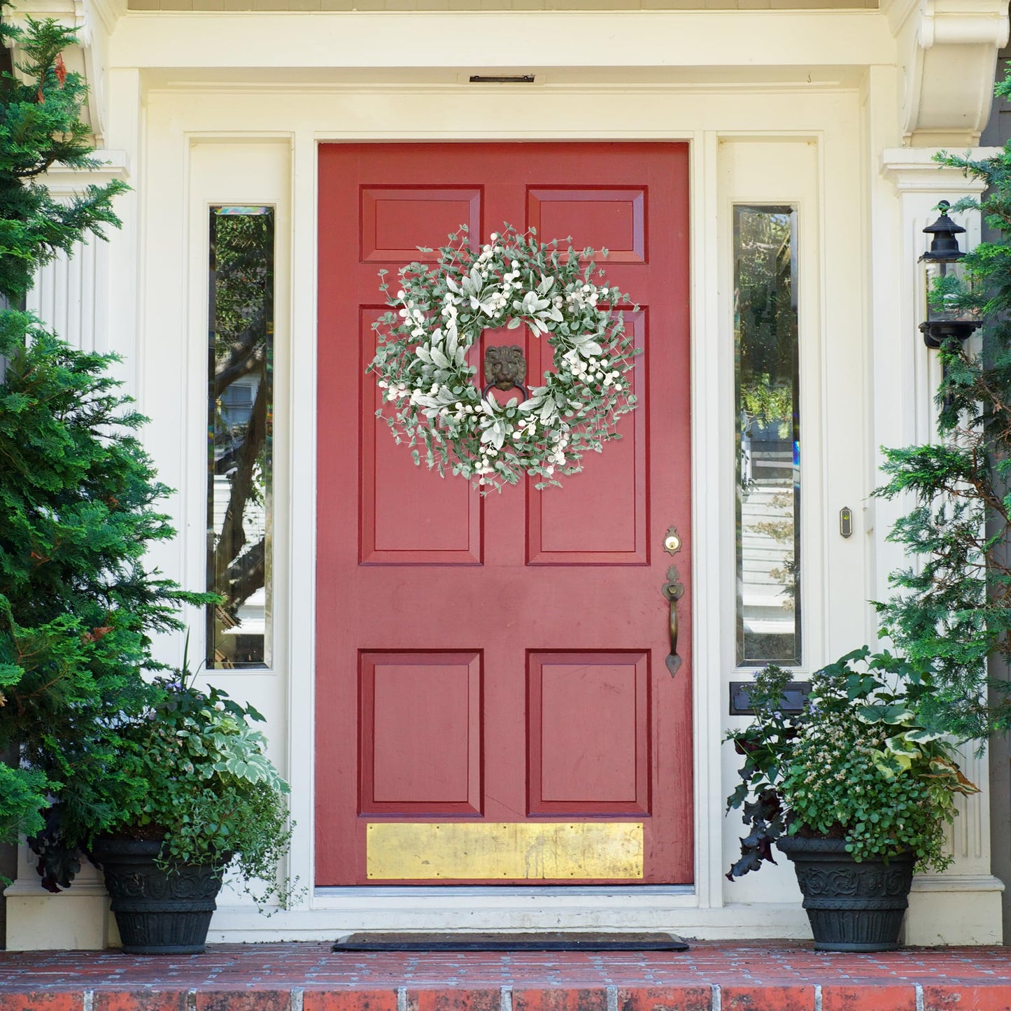 Sggvecsy Artificial Greenery Leaves Wreath for Front Door 22 Inch Greenery Boxwood Wreath with Flocked Lambs Ear White Berries for Spring Summer Farmhouse Wall Home Indoor Outdoor Decor