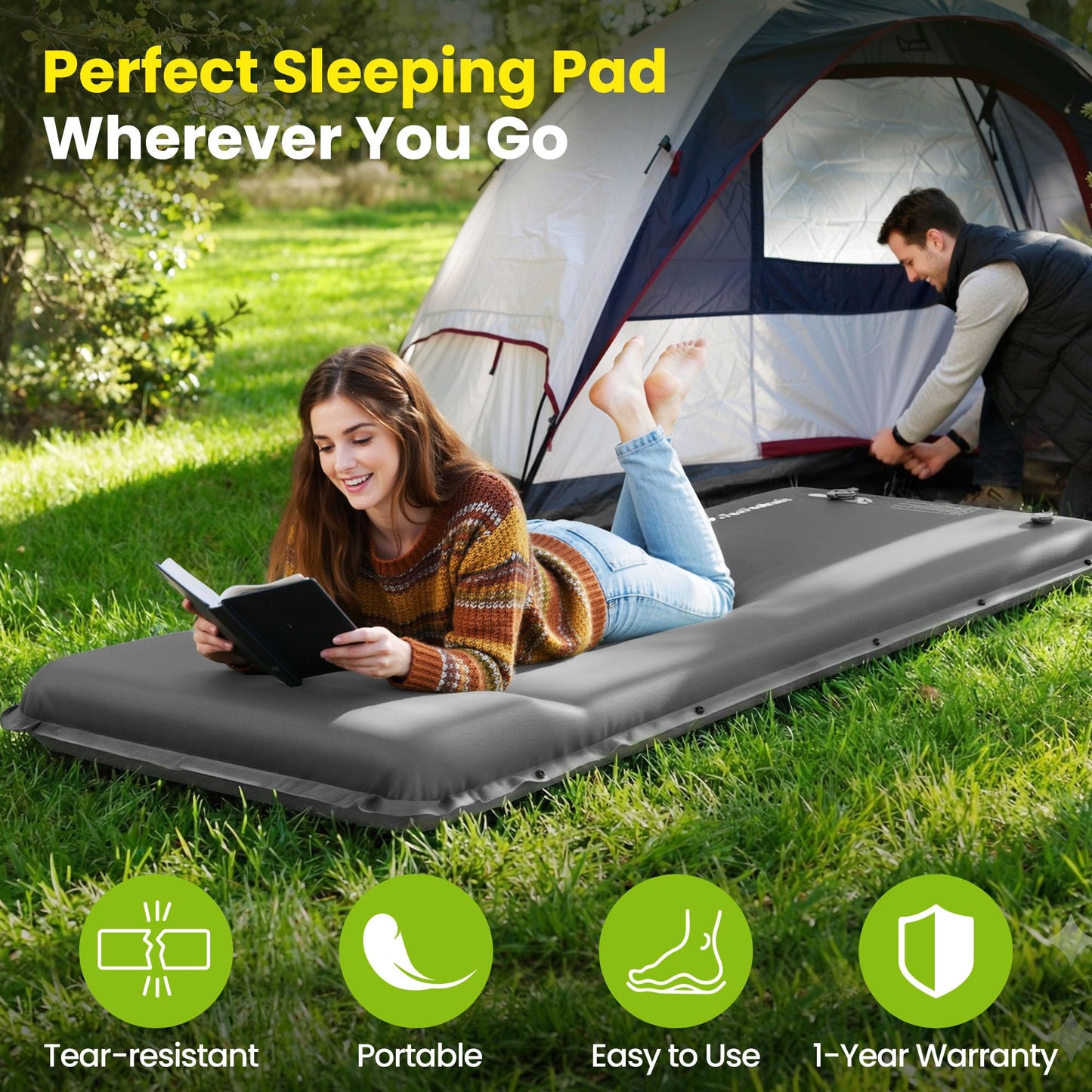 Feelnais Self Inflating Sleeping Pad, Memory Foam Camping Pad with Foot Pump, Memory Foam Mattress with Pillow, 4 Season Camping Mattress Pad, Camping Essentials Gear for Tent/Car/Camp - Grey