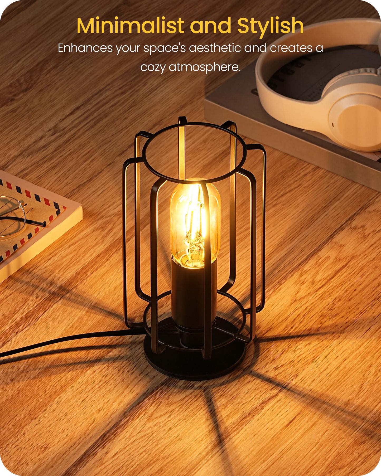 GOEBLESON Industrial Small Table Lamp, Small Bedside Lamp with Dimmable 2400K Warm Light LED Bulb, Vintage Desk Lamp, Black Nightstand Lamp for Bedroom, Study, Office, Small Space, B05TL05