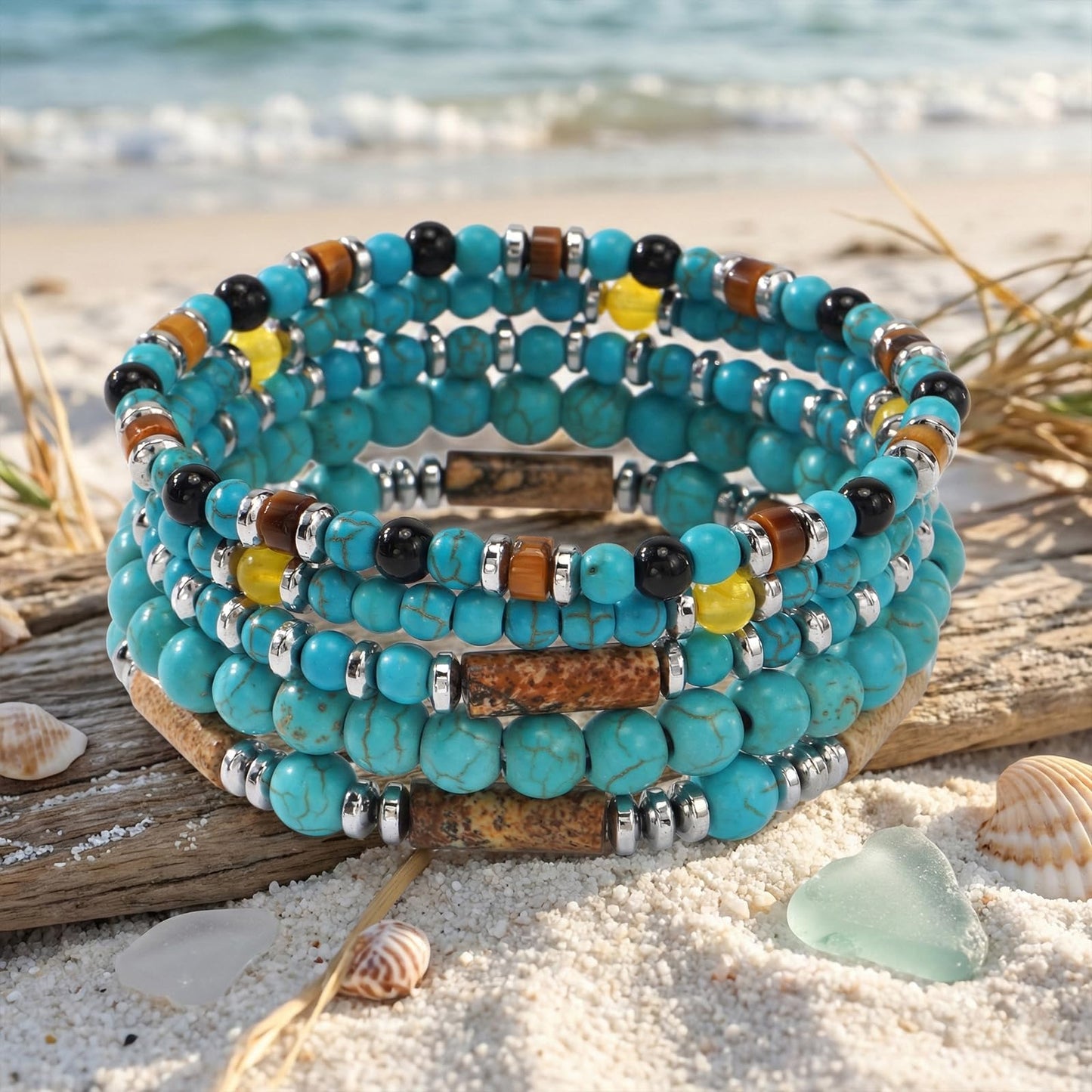 SHINUS BOHO Healing Crystal Beaded Bracelet Stack for Women,Stretch Bohemian Natural Turquoise Gemstones Stackable Bracelets Trendy Summer Accessories Jewelry Gifts Friendship