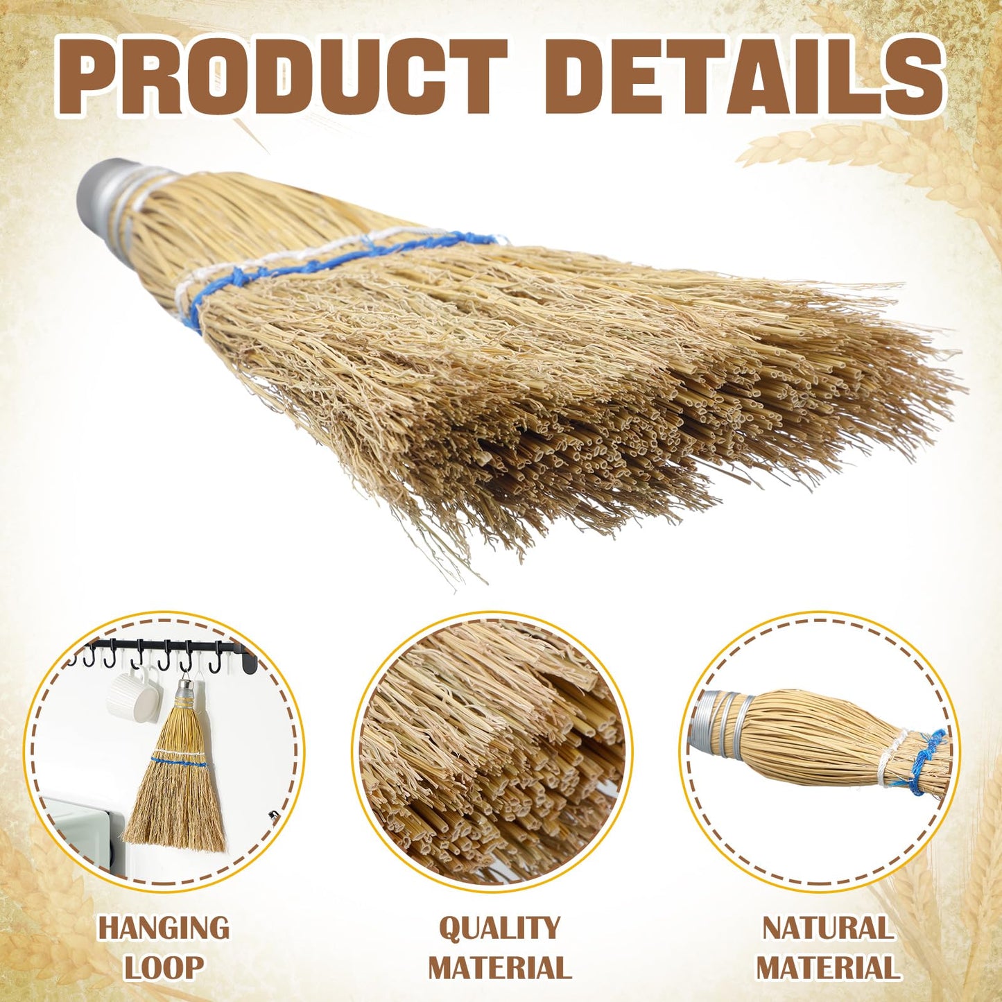 Suclain 1 Pcs 12 Inch Whisk Broom Hand Held Mini Corn Straw Whisk Broom Short Handle with Metal Hanger Halloween for Multi Surface Sweeping Small Hand Brush for Outdoor Car Porch Debris Dust Dirt