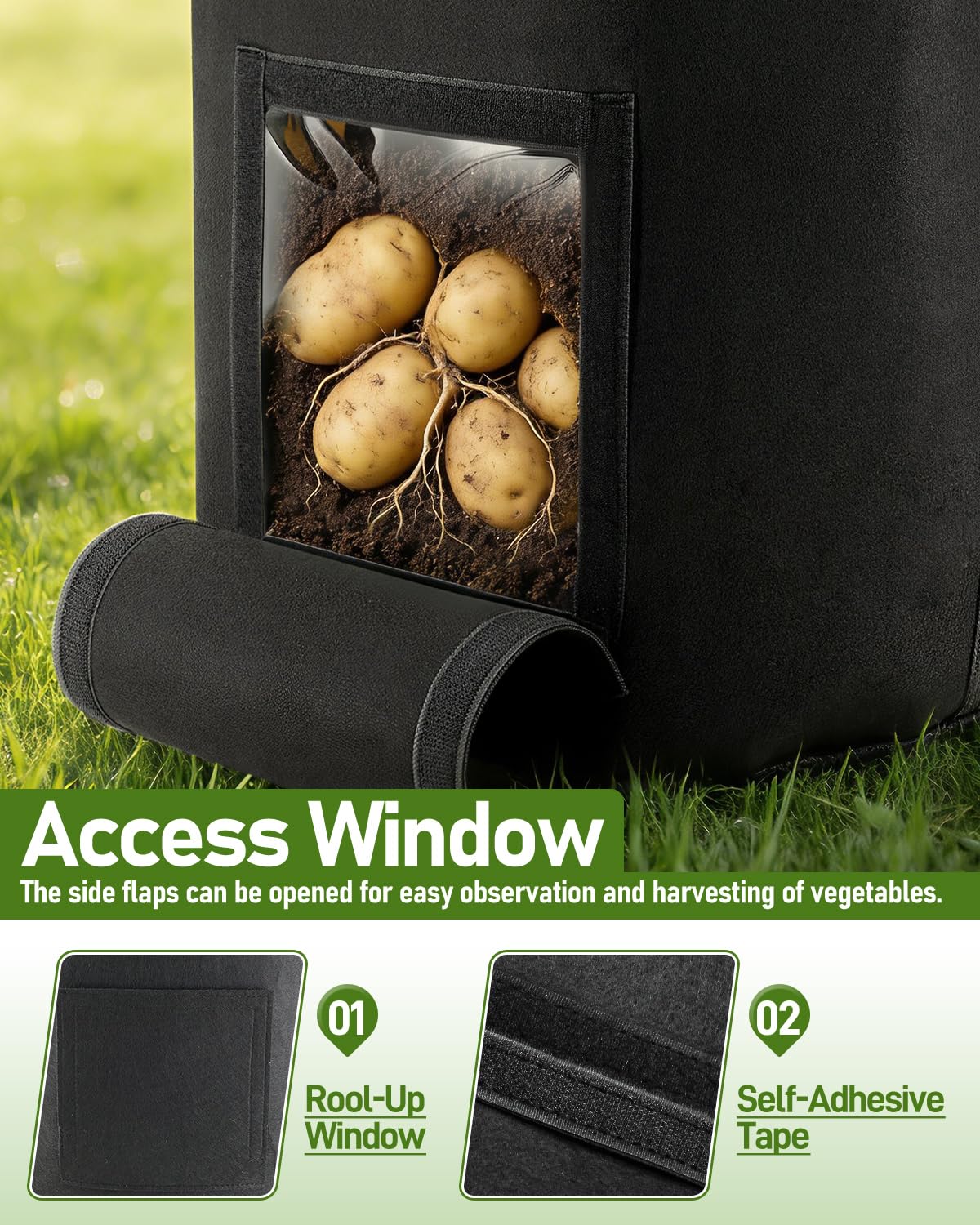 joyhalo 15 Gallon Potato Grow Bags, 4 Pack Planter Pot with Handles, Nonwoven Fabric Pots with Harvest Window & Visible Window, Heavy-Duty Planting Bags for Vegetable & Fruit, 5-Color Plant Labels