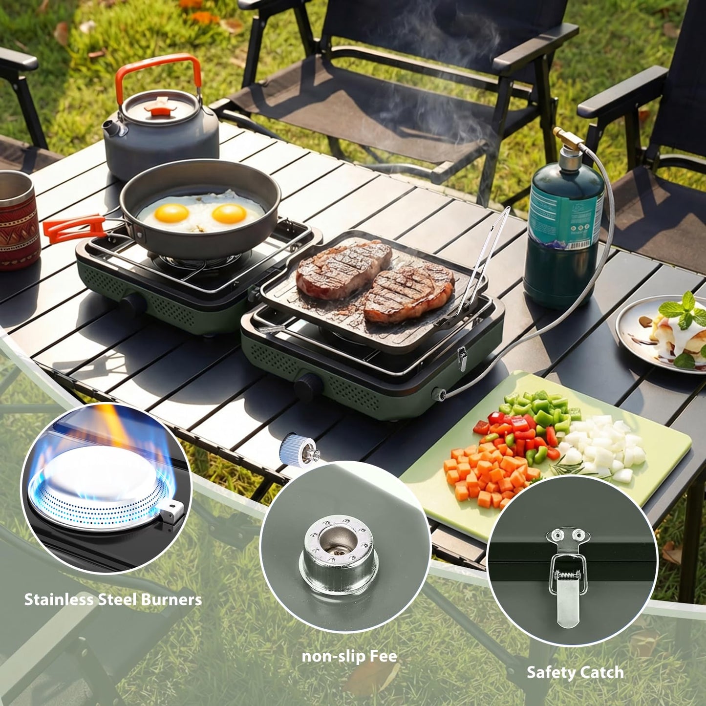 Hisencn Camping Stove,2 Burner Propane Camping Stove with Windscreen,30,000 BTU Portable Propane Stove with Carry Bag,Outdoor Cooking Stove set for Camping Gear,RV Essentials,Camp Gifts for Man,Green