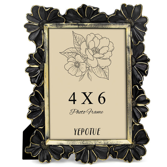 YEPOTUE 4x6 Vintage Flower Picture Frame, Ornate Antique Photo Frame with Glass Front, Elegant Picture Frame for for Wall or Tabletop Display, Gift ldeas for Home Decor (Black Gold)