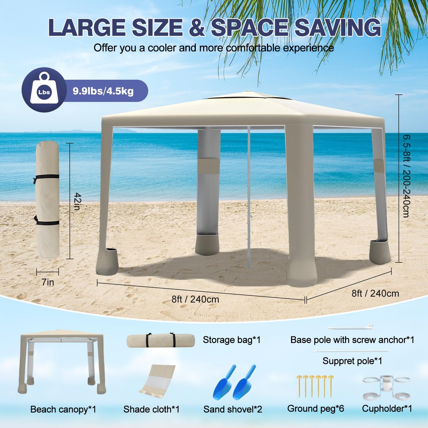 cepkquis Beach Tent,8'×8' Large Beach Canopy for 4-6 People,Easy Setup Beach Sun Shelter with UPF 50+ Protection,Adjustable Height & Wind Resistant Beach Cabana for Family,Party (Khaki - Solid)