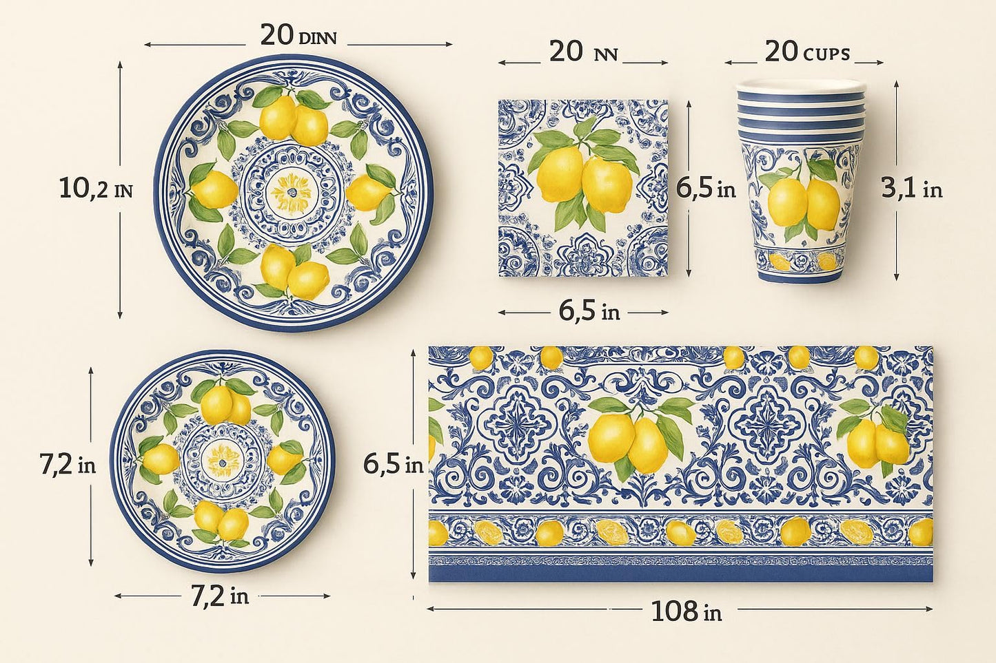 Elegant Disposable Tableware Set | 81 Pcs | Serves 20 Guests l 20 Extra Thick Paper Party Plates + 20 Cups + 20 Napkins + 1 Large Tablecloth | Perfect for Events, Baby Showers, Weddings & Picnics.