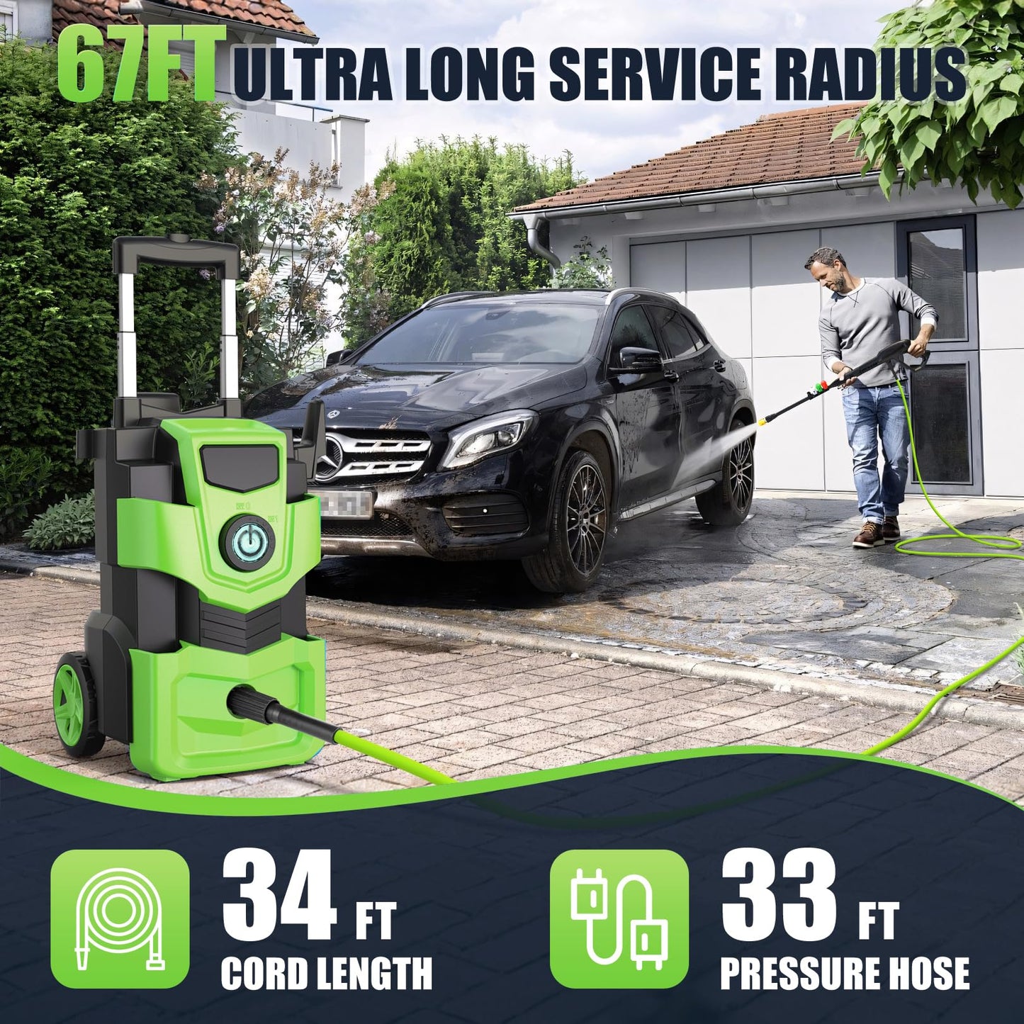 Commowner Pressure Washer 5000PSI Adjustable Pressure Power Washers Powered with 33ft Hose, 4 Nozzle and Foam Cannon, Powerwashers Cleaner Machine for Home, Cars, Green