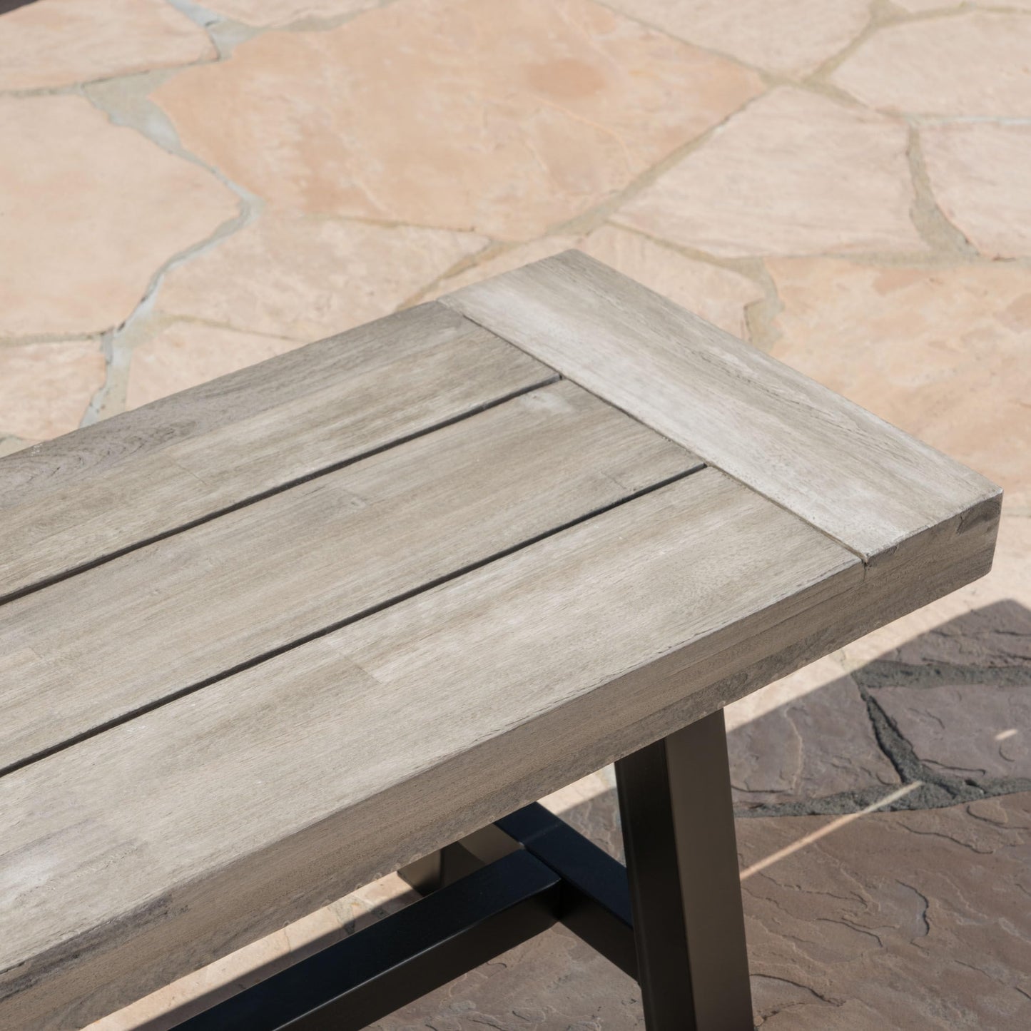 Merax Outdoor Acacia Wood Patio Bench, Garden Benches for Porch Park Yard Backyard Lawn, Grey+Black