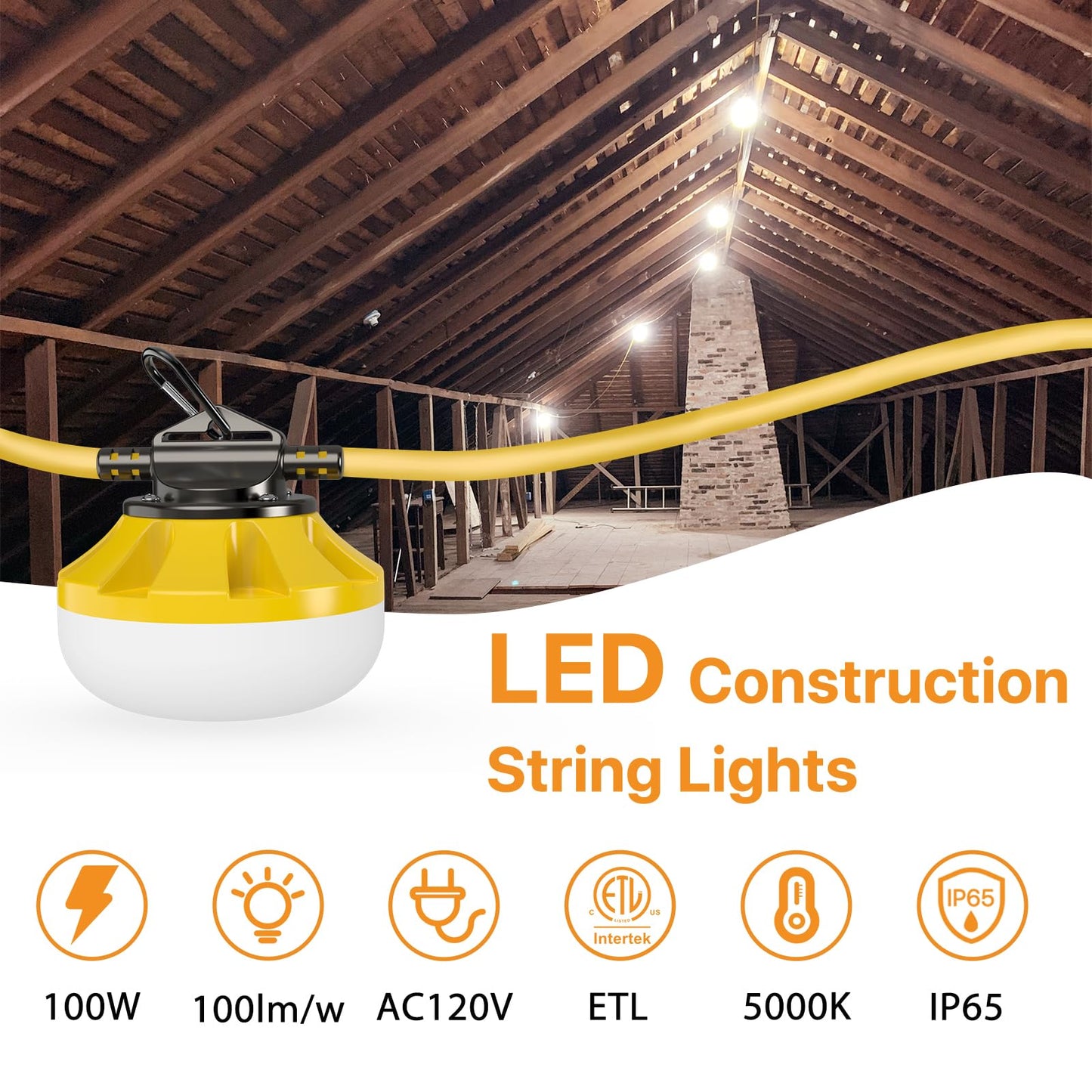 Pvilub 100FT Construction String Lights: 100W Led Construction String Lights with 10 Bulbs & Hooks, IP65 Attic Lighting 5000K Linkable Hanging Work Light for Crawlspace, Basement, Backyard