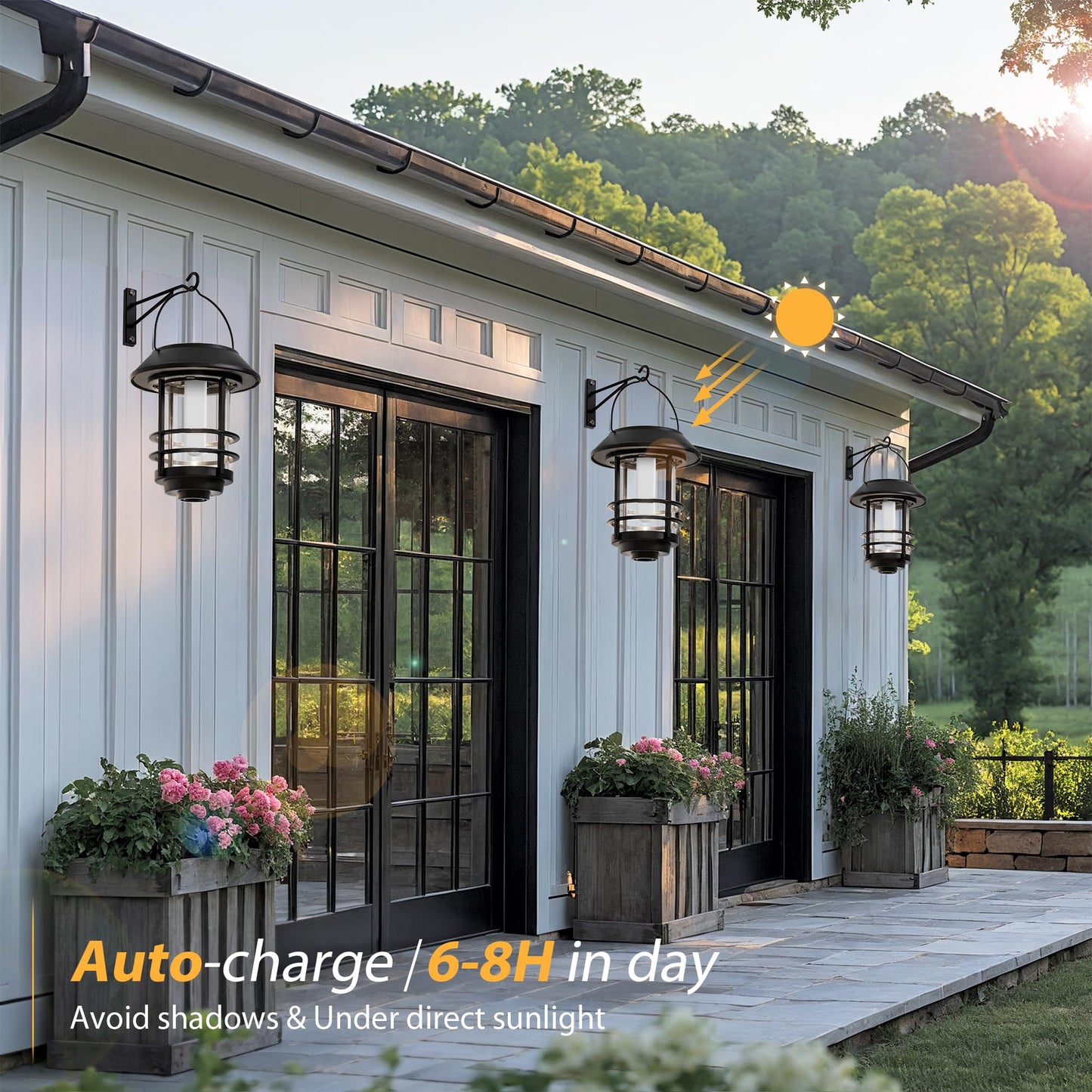 Otdair Solar Lanterns Outdoor Waterproof, 2 Pack Flickering Flames Wall Garden Decor with Glass Shade, Hanging Solar Lights Wall Mount Decorations for Halloween, Front Porch, Patio, Yard