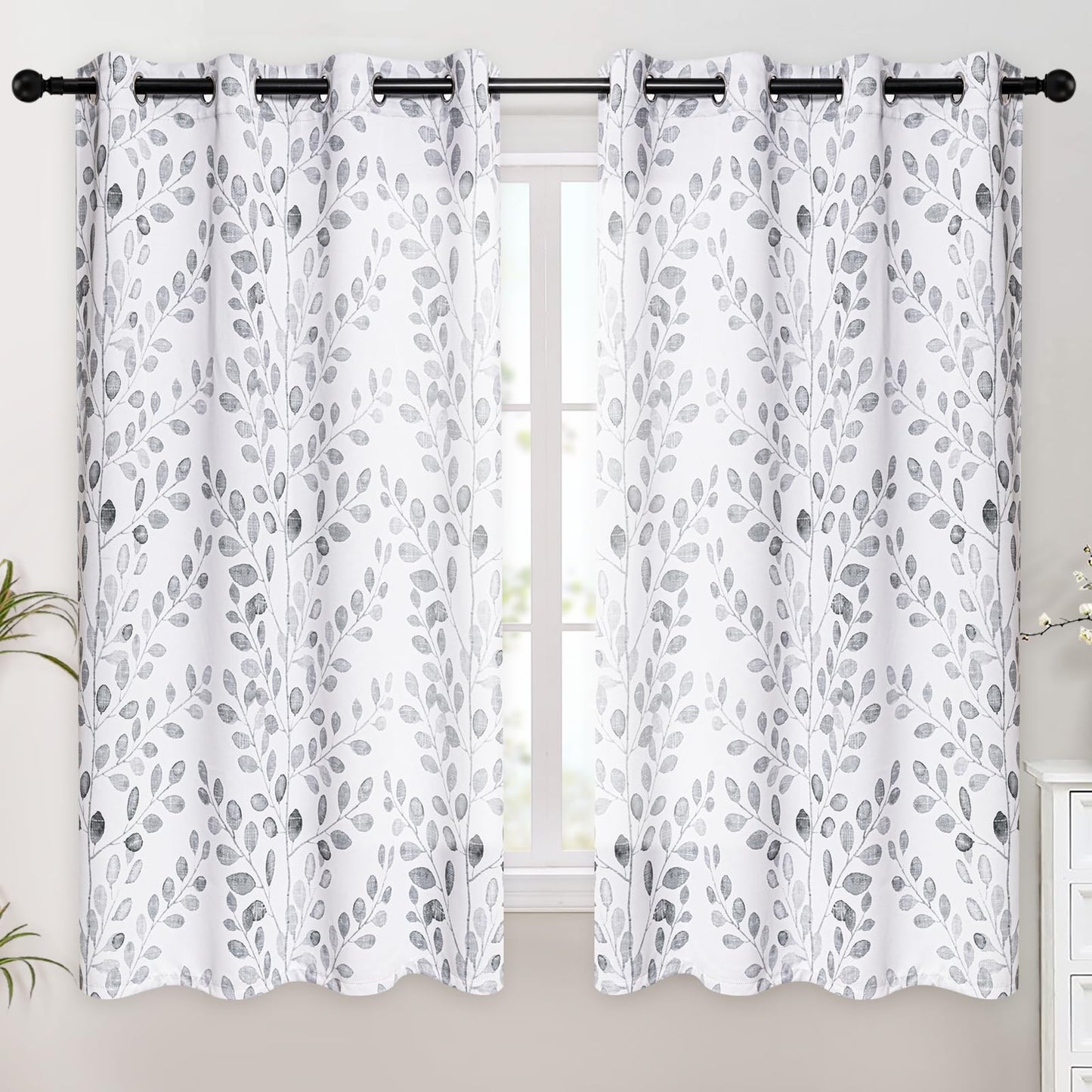MYSKY HOME Bedroom Curtains 2 Panel Sets Thermal Insulated Curtains for Small Window Leaf Print Classical Room Darkening Drapes for Living Room, 52W x 63L Inch, Grey