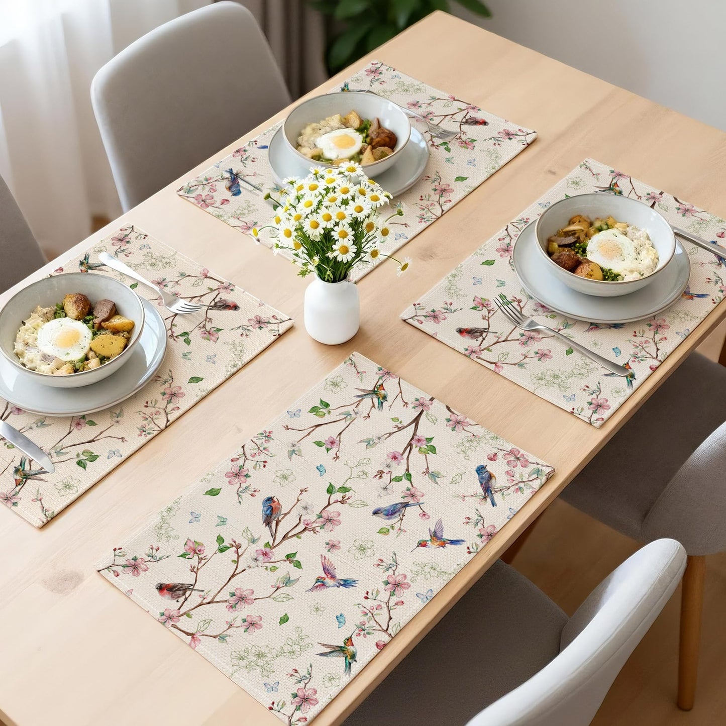 Cusugbaso Spring Placemats Set of 4 12x18 inch for Dinning Table - Floral Bird Branch Spring Decor for Party, Dinner - Farmhouse Seaosonal Table Mats Floral Decroations for Home