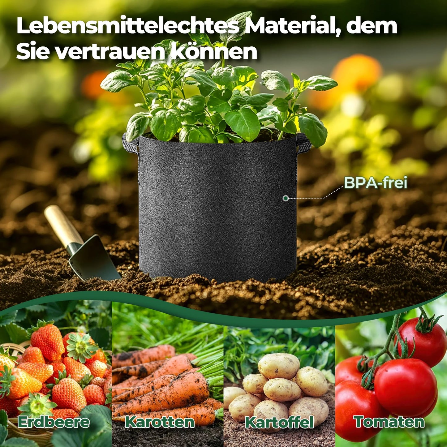 T4U Fabric Plant Grow Bags with Handle 10 Gallon Pack of 5, Heavy Duty Nonwoven Smart Garden Pot Thickened Aeration Nursery Container Black for Outdoor Potato, Tomato, Chili, Carrot and Vegetables