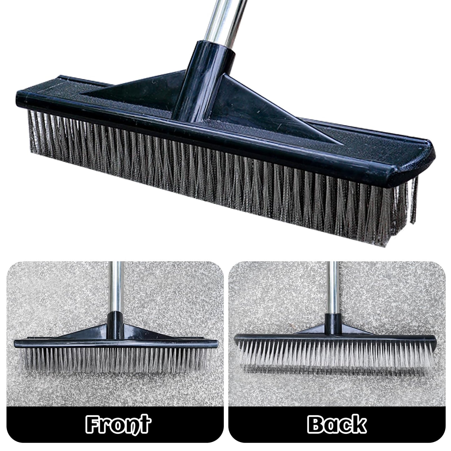 Heavy Duty Wire Push Broom Brush, 15.7" Stainless Steel Bristle Deck Brush with Long Handle for Removing Weeds, Outdoor Broom for Rough Surface Dirt