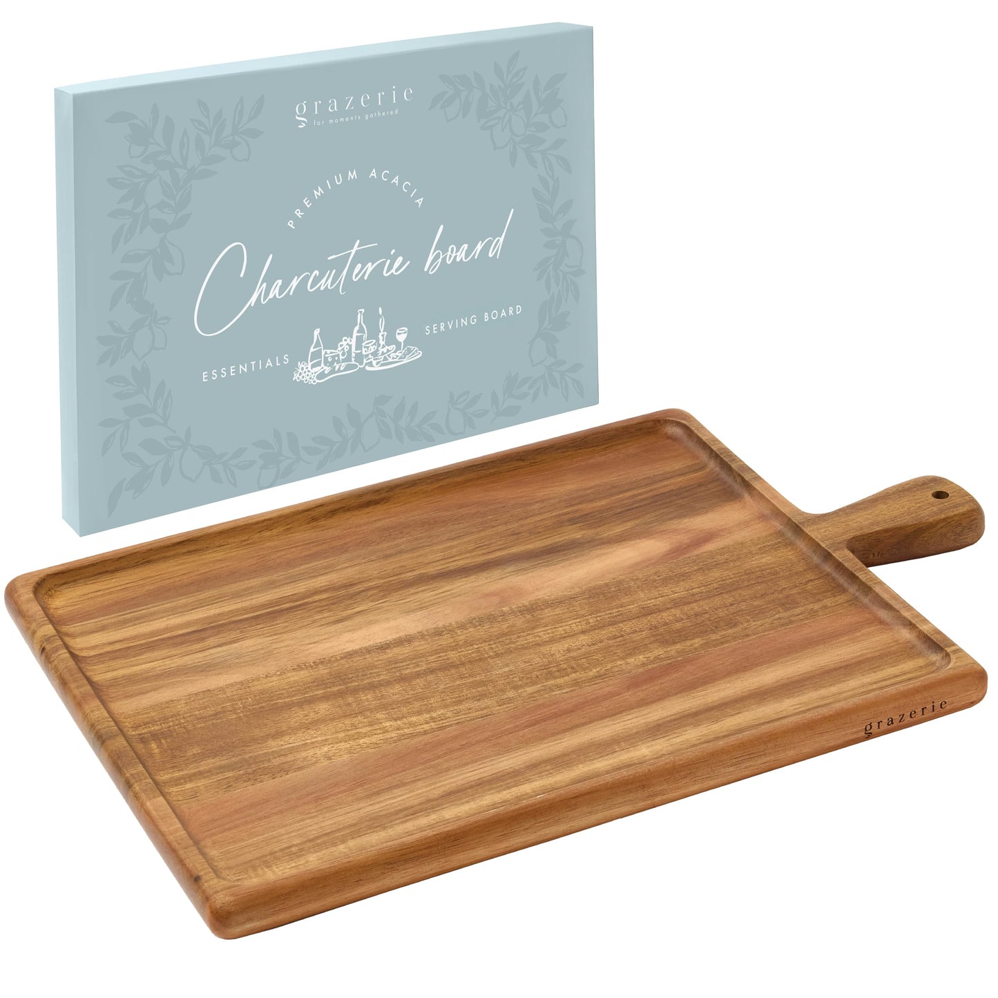 Grazerie Charcuterie Board - Acacia Wood Cutting Board for Kitchen with Handle, Cheese Board for Vegetables, Bread, Fruits, Meat - Decorative Wooden Serving Tray House Warming Gift