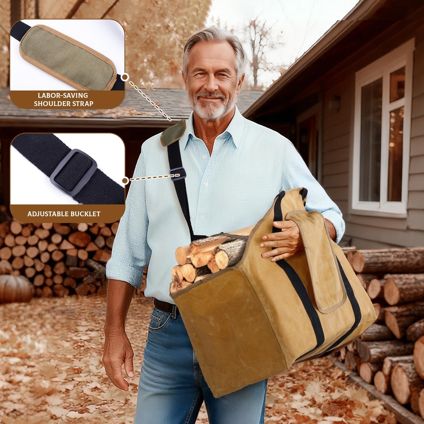 NFAMRZCAR Extra Large Firewood Carrier Ergonomic Wood Carrier for Firewood Heavy Duty Wax Canvas Firewood Bag,Firewood Carriers with Handles for Wood Stove Accessories Outdoor Camping