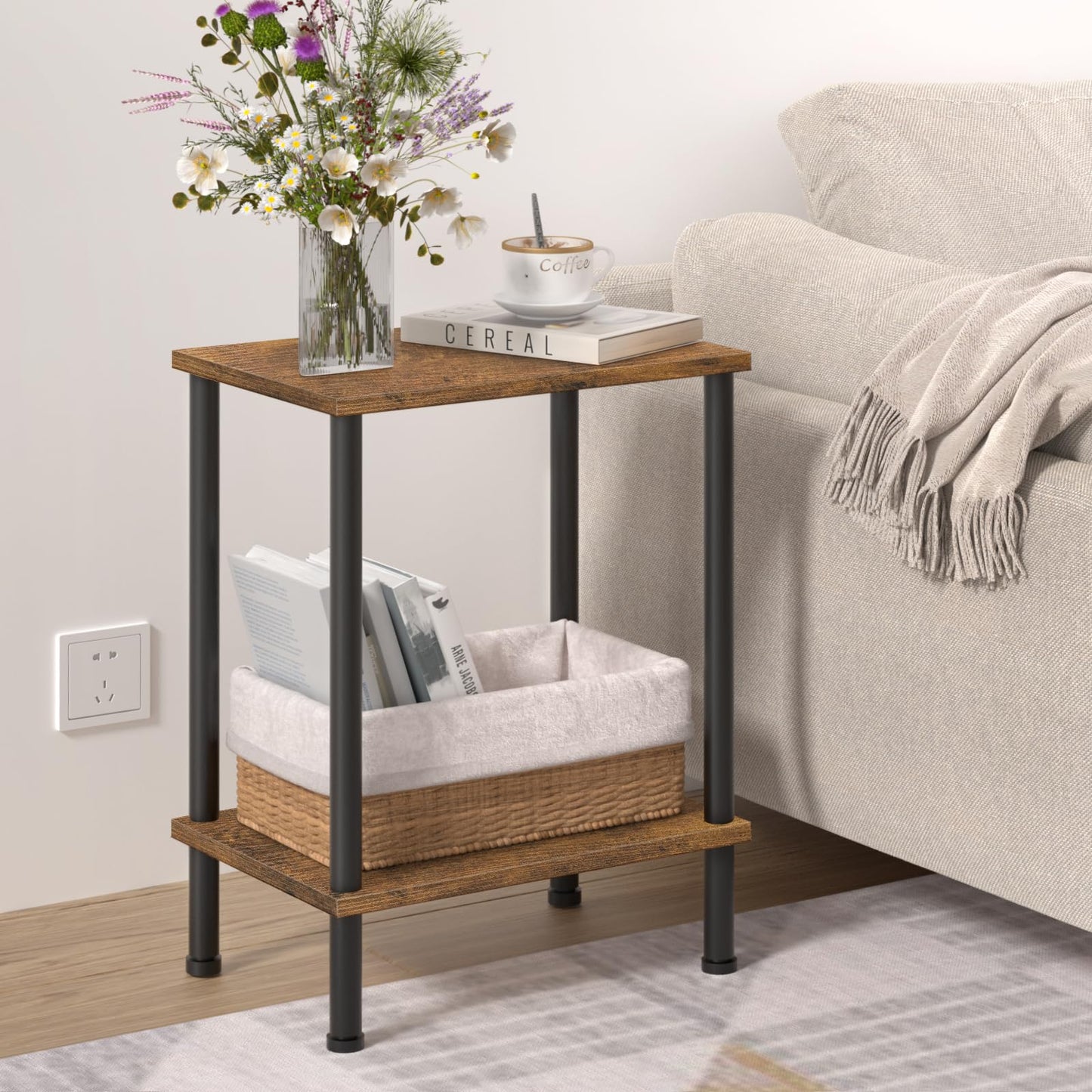 YUFAM End Table,Small Side Table,2-Tier Nightstand with Storage Shelf,Sofa Bedside Table for Small Spaces in Living Room,Bedroom, Office,Stable Frame,Easy Assembly,Rustic Brown