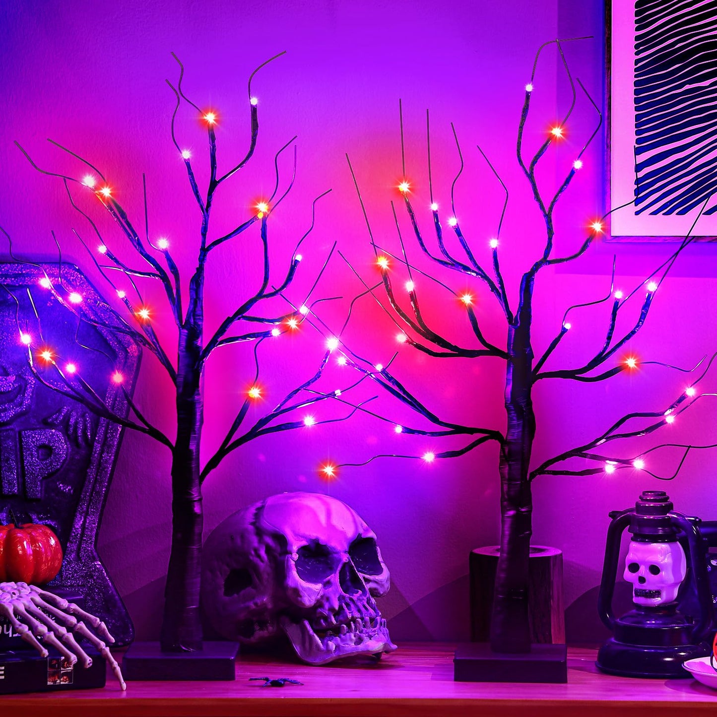 Ganeen 2 Pcs Halloween Decorations Indoor 24 Inch/2 ft Lighted Orange and Purple Birches Tree with Timer 48 LED Lights Willow Battery Operated Artificial Black Tabletop Spooky Tree for Home and Party