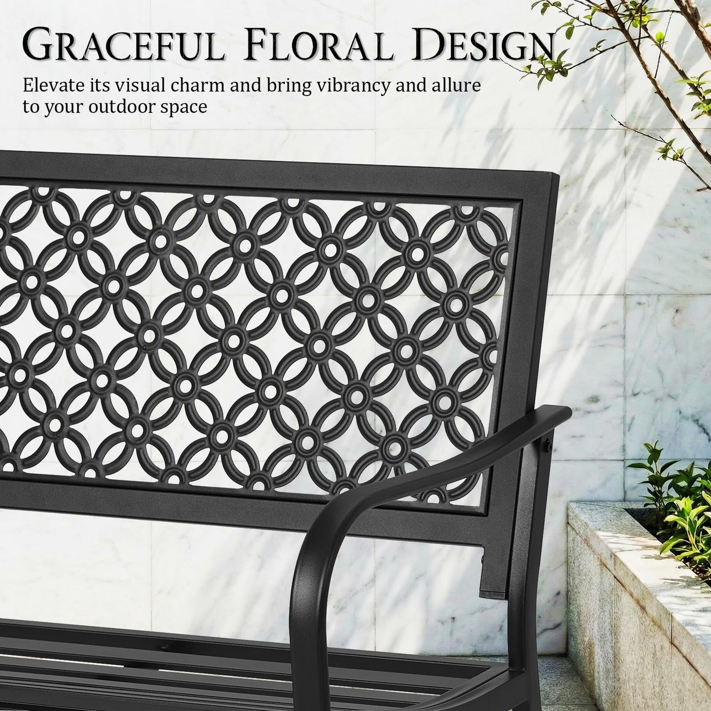 50" Outdoor Bench Weatherproof, 700 lbs Capacity Heavy Duty Garden Benches with Galvanized Metal Frame, Patio Bench with Floral Backrest, Patio Furniture for Porch, Park, Yard, Entryway, Black