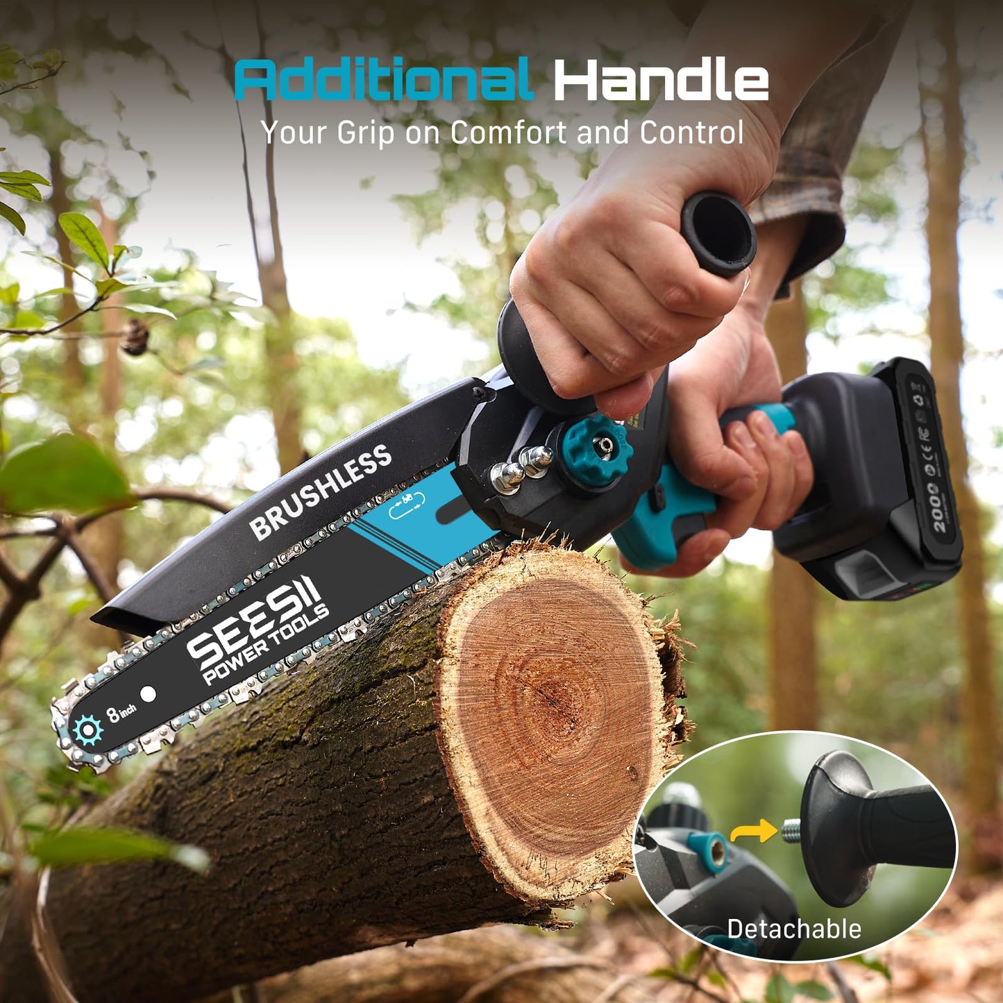 Seesii Mini Chainsaw Cordless, 8 Inch & 6 Inch Electric Chainsaw with 2 Batteries & Auto Oiler, 1000W Brushless Handheld Chain Saw for Tree Branch Wood Cutting, Garden Tools Gift for Men Dad Husband