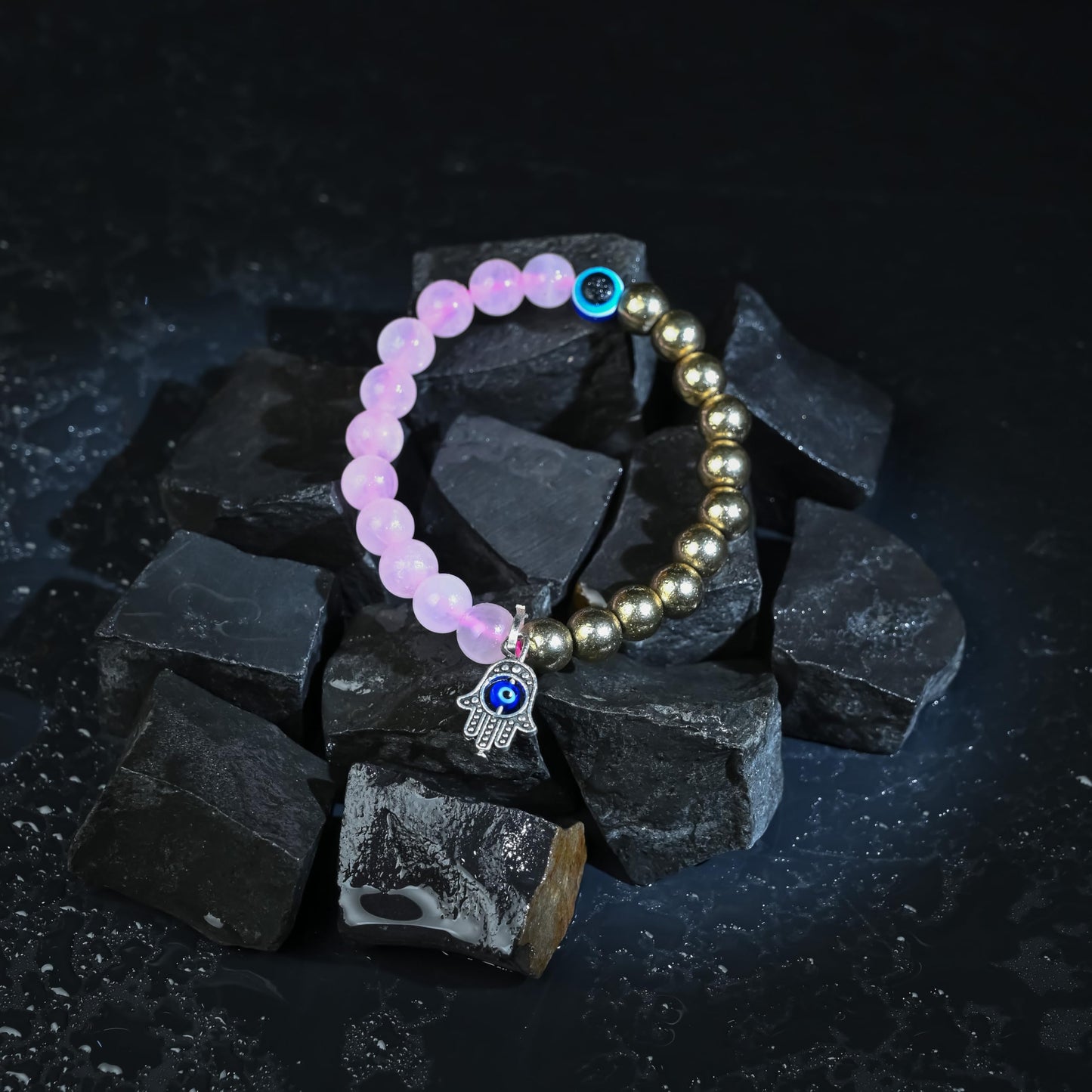 Crocon Pyrite and Rose Quartz Beaded Bracelet with hamsa symbol Healing Crystals & Gemstones Evil Eye Charm Beads Bracelet for Men & Women Birthday Mom Inspirational Gifts for Her 8mm Beads