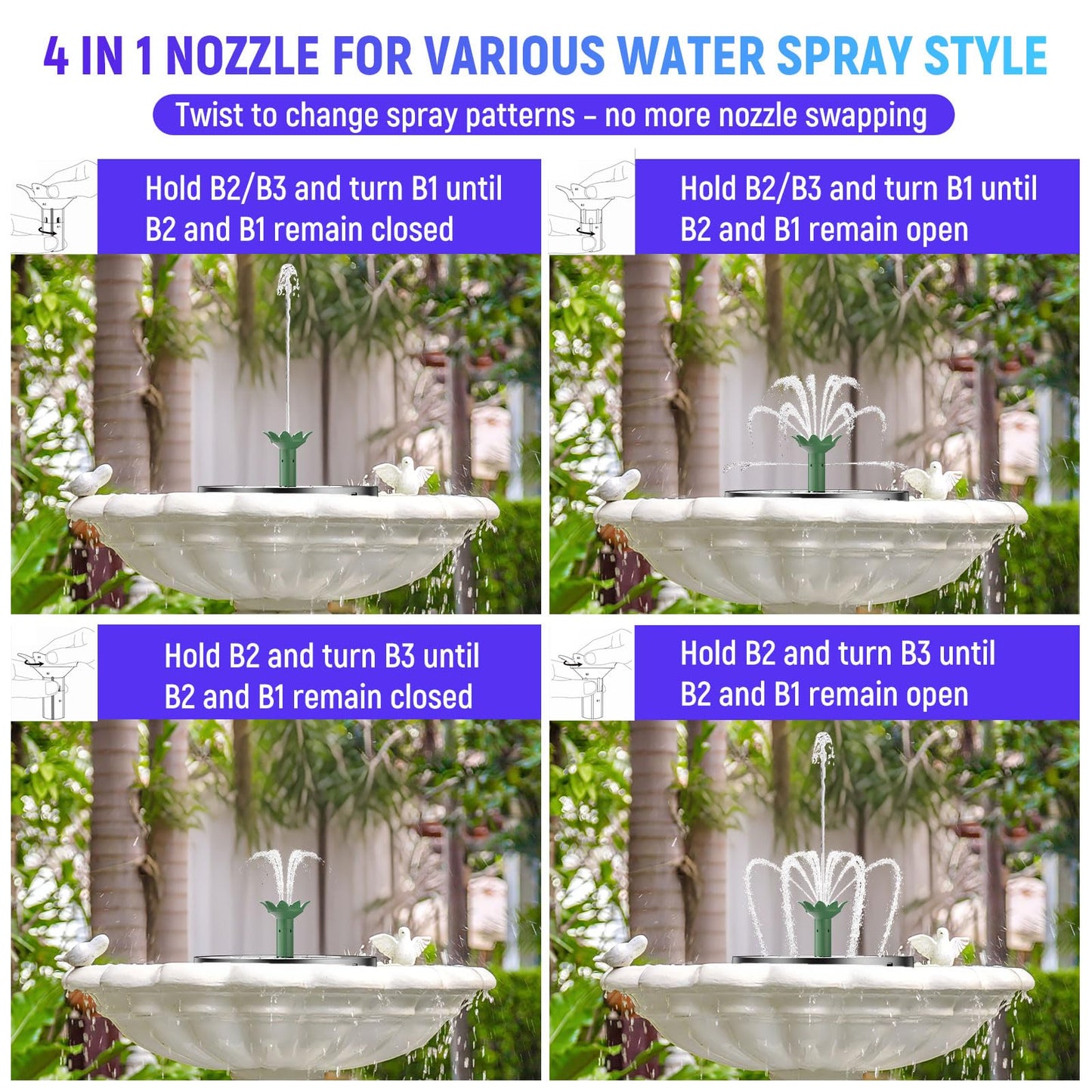 Marchul 3.5W Solar Fountain for Bird Bath Colorful Light with 2200mah Battery, 2026 Upgrade 4-in-1 Nozzles Solar Water Fountain Powered with 4X Fixer Floating Solar Pump for Garden, Pond, Pool