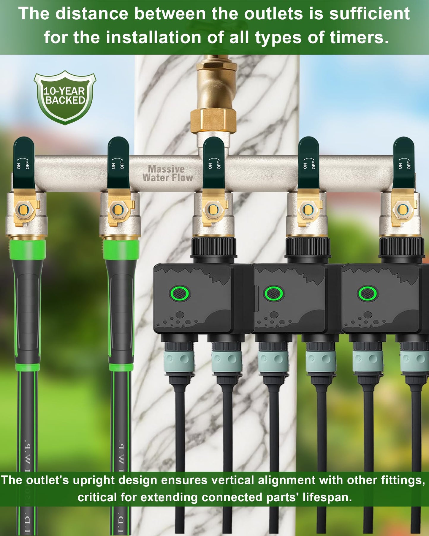 5 Way Hose Splitter, Heavy Duty Full Flow Garden Hose Splitter with 4 Large Metal Handles, Brass Water Hose Bib Splitter, T Adapter Connector with 3/4 - Inch GHT Thread (Green)