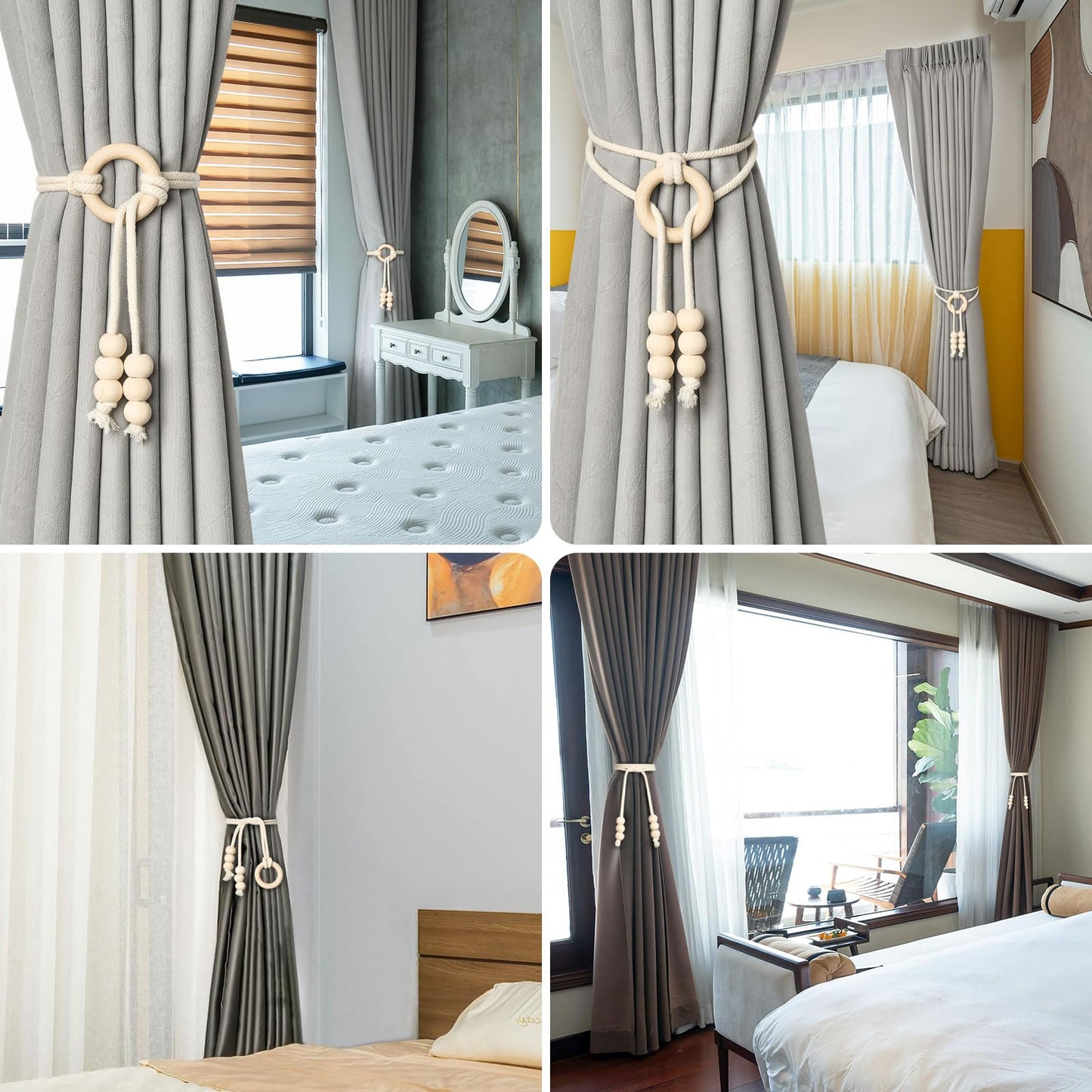 NICEEC 2 Pack Natural Cotton Rope Curtain Tiebacks Boho Style Decorative Drape Tie Backs Elegant Hand Woven Rope Curtain Holdbacks with Wooden Ring for Home & Office Window Drapery (B-Natural)