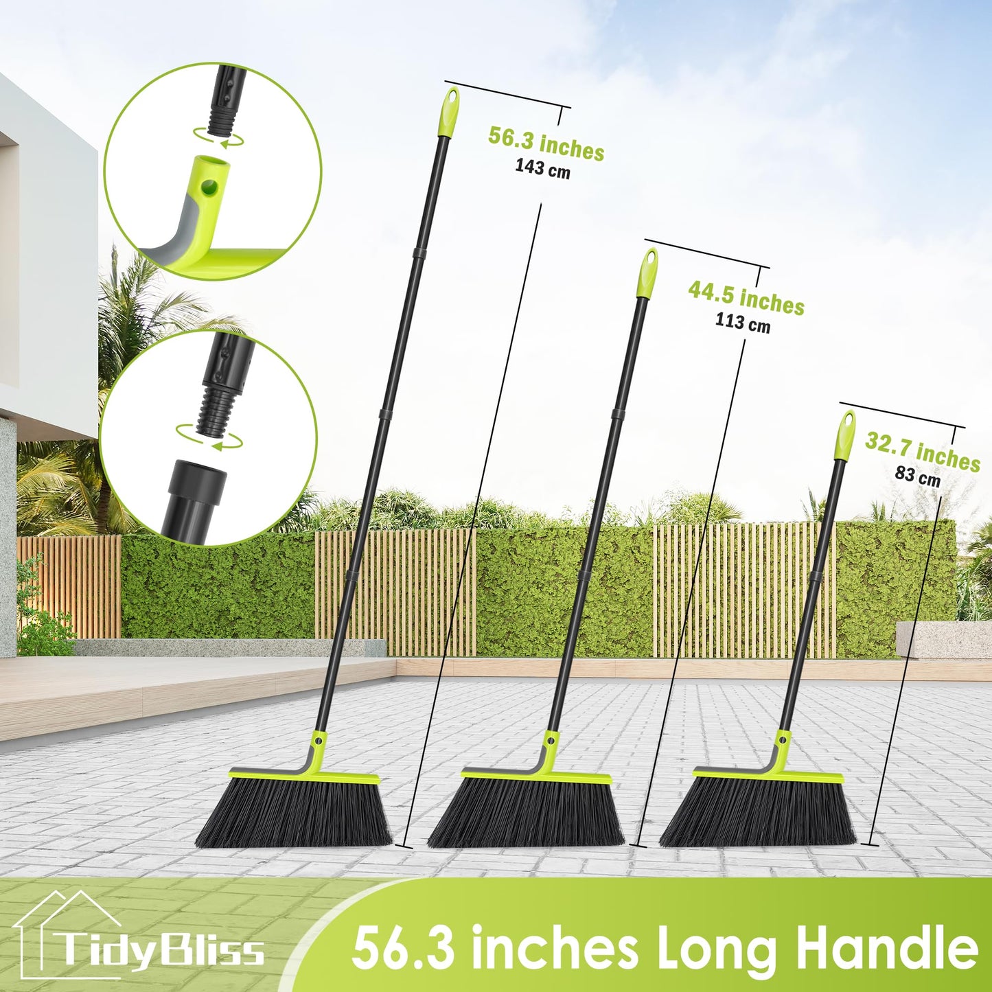 TidyBliss Outdoor Broom Heavy Duty, 56 inches Tall Commercial Soft Bristle Angle Brush for Sweeping Outside Patio Garden Porch Deck Shop Restaurant Garage House Lobby Hardwood Floors (Green)