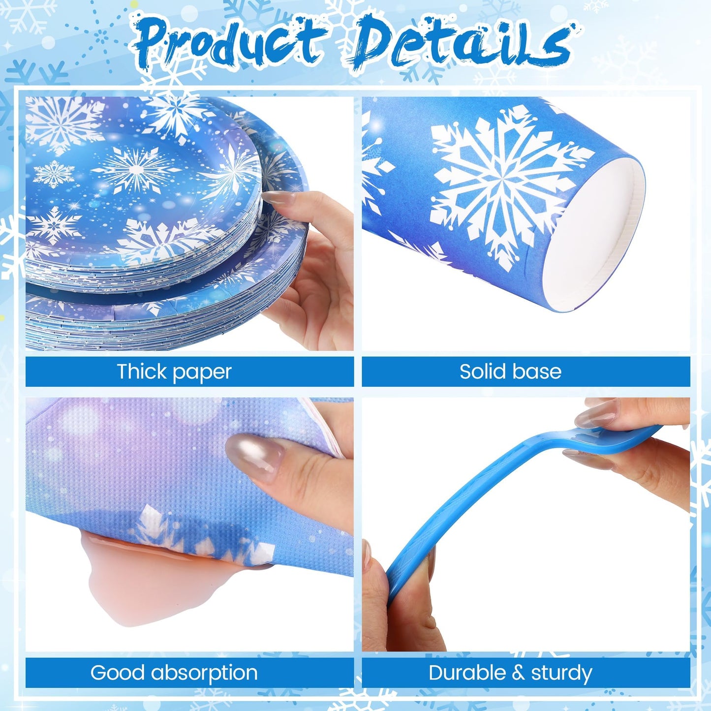 Kochorie 144 Pieces Frozen Party Supplies, Snowflake Tableware Sets Including Disposable Paper Plates Napkins Cups Forks Serves 24 for Winter Christmas Holiday Wonderland Birthday Party Decorations