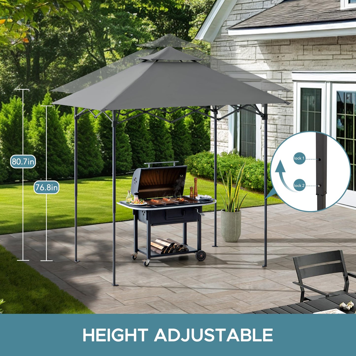 SUNJOY 8 x 5 ft. Grill Gazebo Pop Up Double Tiered Outdoor Gazebo Standing-Height Canopy with Magnetic LED Light, Adjustable Ceiling Height, for BBQ,Picnics, Outdoor Events, Gray