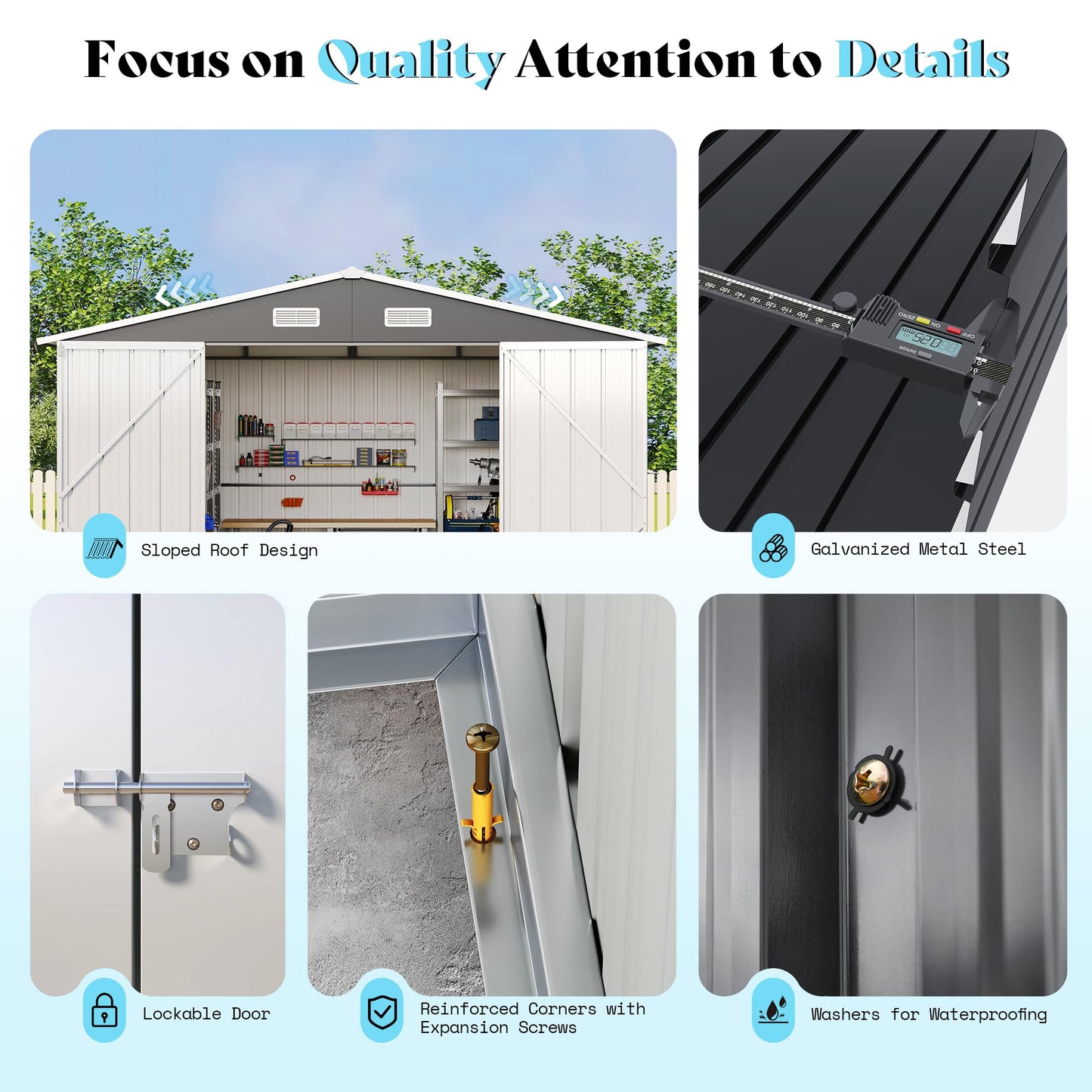 AMERLIFE 10x12x6.6 FT Metal Storage Shed, Outdoor Tool Shed with 2 DIY Windows, Hinged Double Doors and Vents, Reinforced Steel Frame for Backyard, Garden, DIY Workshop, Dark Grey
