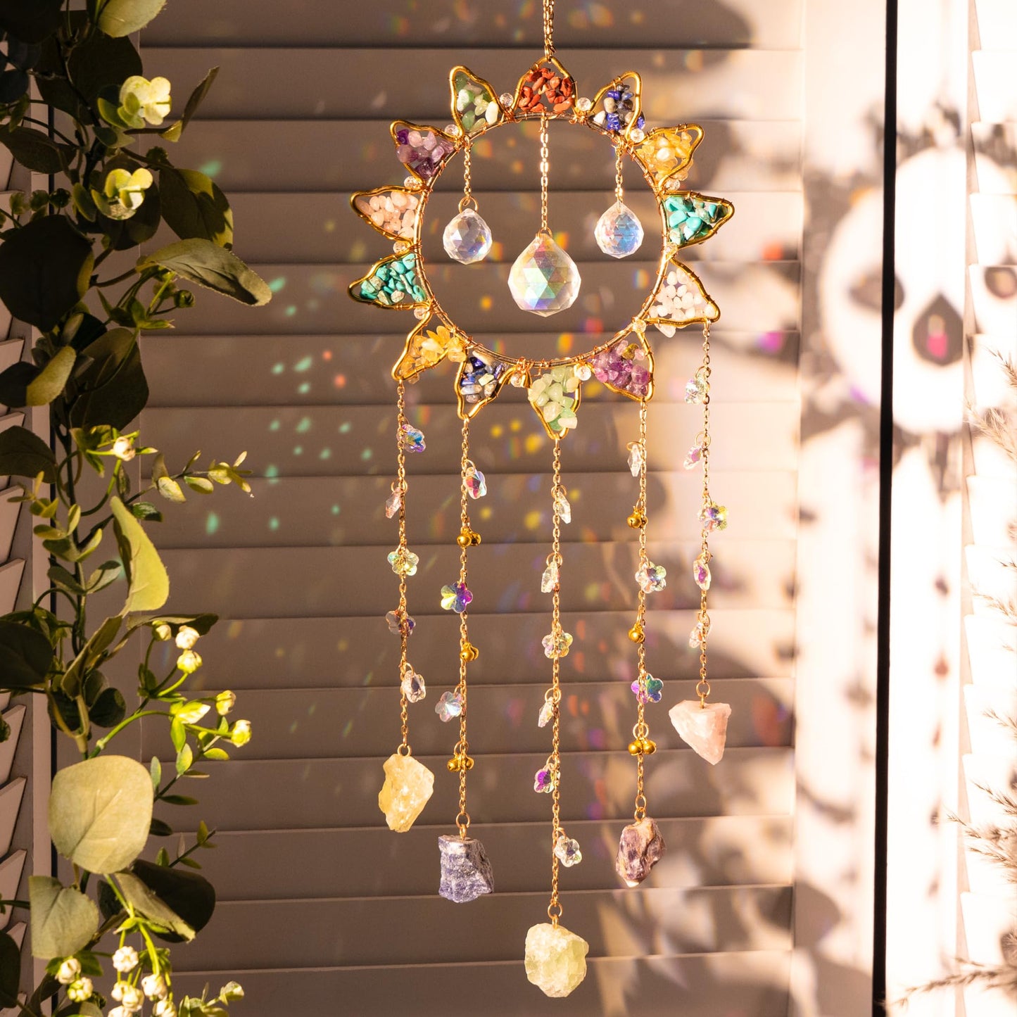 Tree of Life Crystal Sun Catcher Hanging Decor, Handmade Gift for Wall and Window with 3 K9 Crystal Prism Balls & Natural Crystal Stone, Rainbow Maker Decor Ornament for Home, Bedroom, Balcony