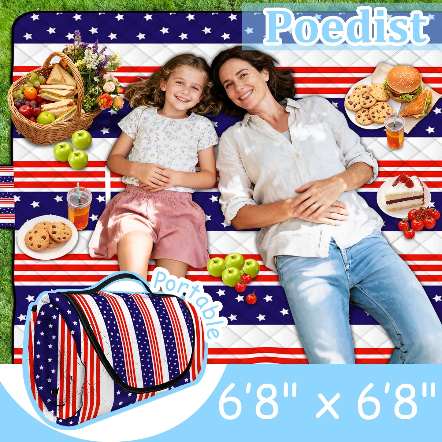 Poedist Extra Large Patriotic Picnic Blanket Waterproof,80"x 80"Foldable Machine Washable Beach Blanket,Outdoor Blanket for 6-8 Adults,Suitable for Indoor Crawling,Park Beach,Camping,Hiking,Family